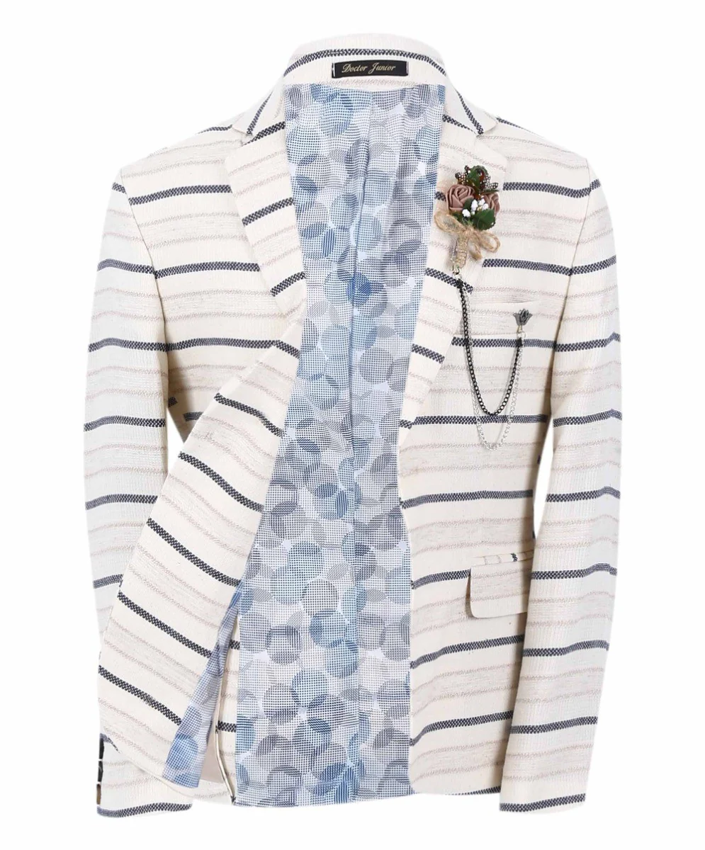 Boys Slim Fit Striped Blazer - Beige - Navy Blue - Image 6