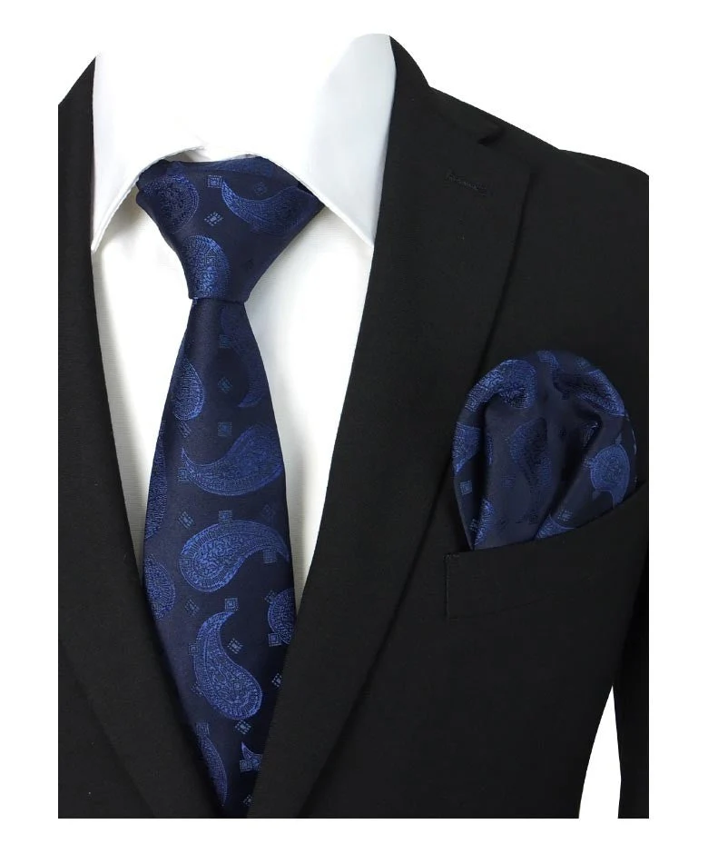 Boys & Men's Paisley Swirls Formal Tie & Hanky Set - Navy Blue - Image 2
