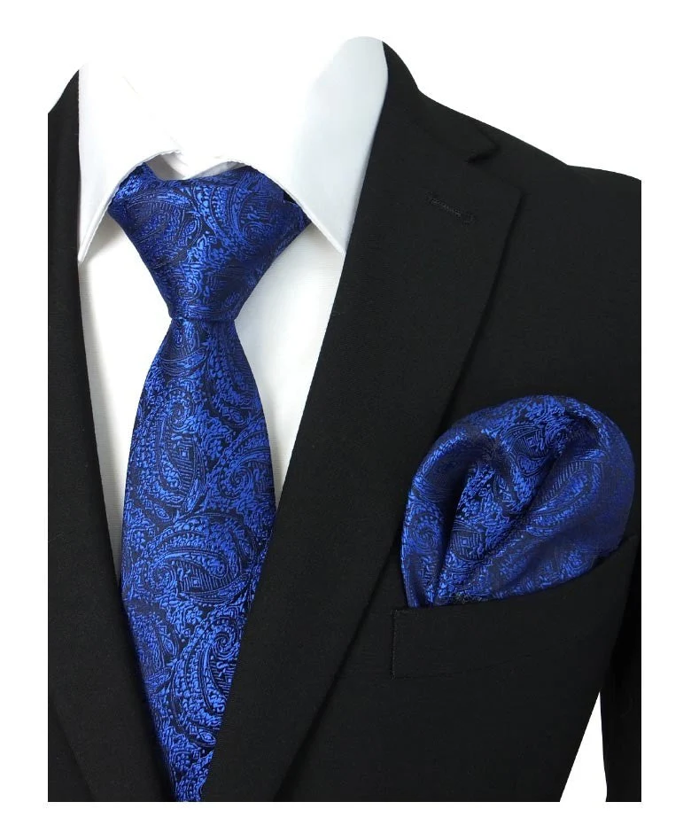 Boys & Men's Paisley Swirls Formal Tie & Hanky Set - Royal Blue - Image 2