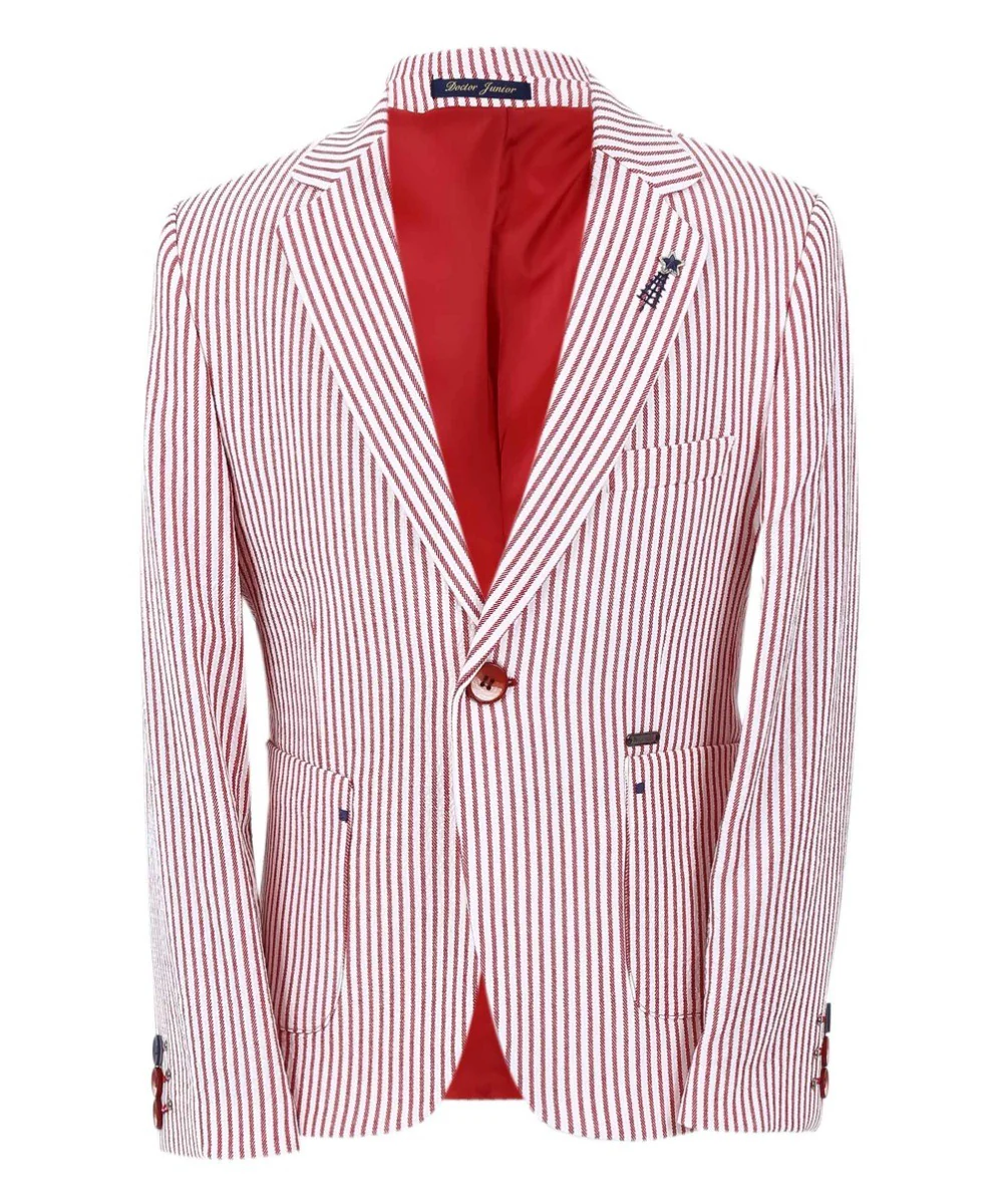 Boys Slim Fit Pinstripe Boating Blazer - Red - Image 5