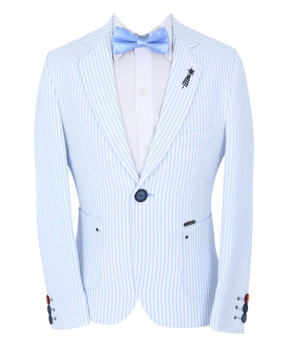 Boys Slim Fit Pinstripe Boating Blazer - Sky Blue - Image 3