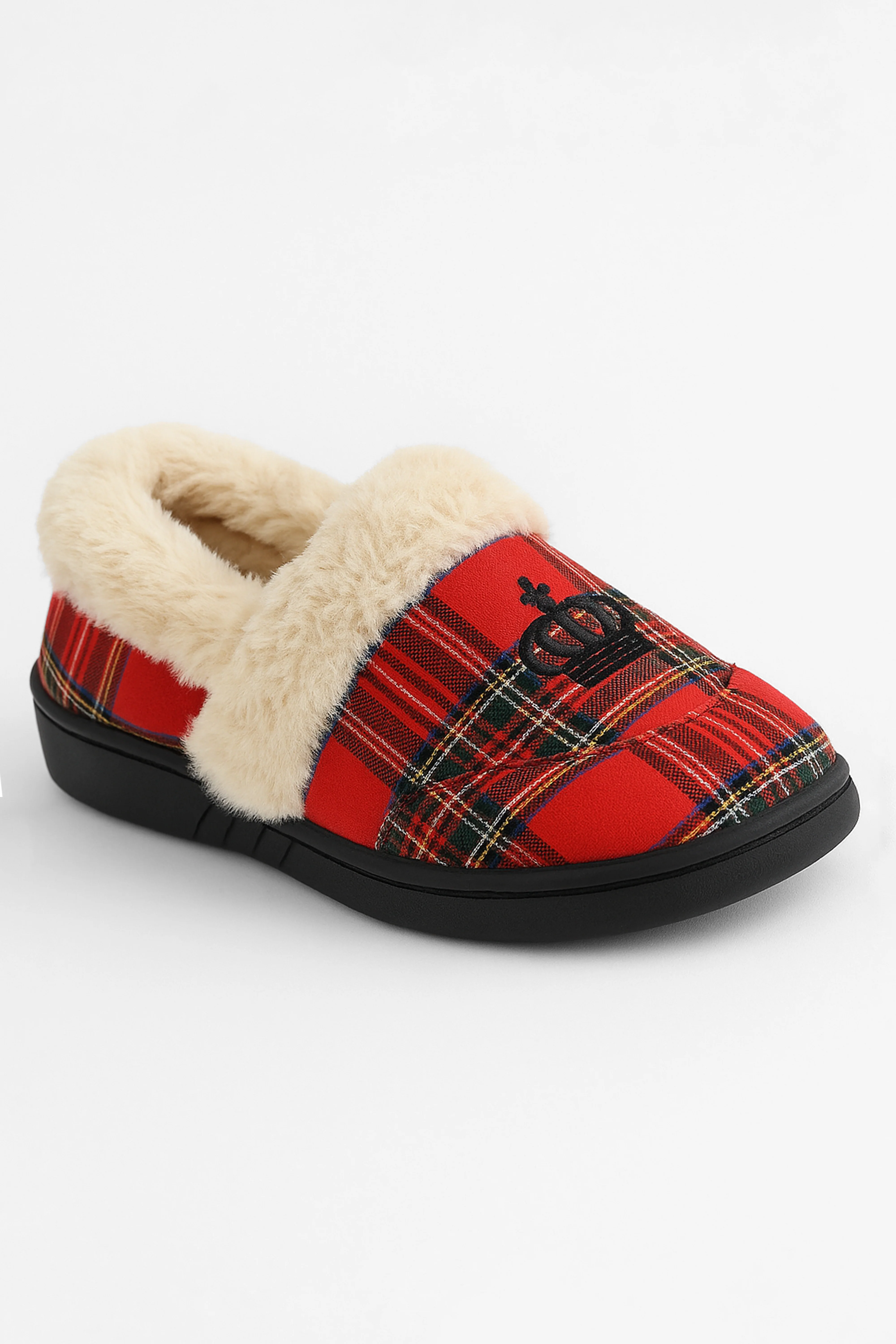 Boys Tartan Plaid Fleece Red Slippers - Crown - Red