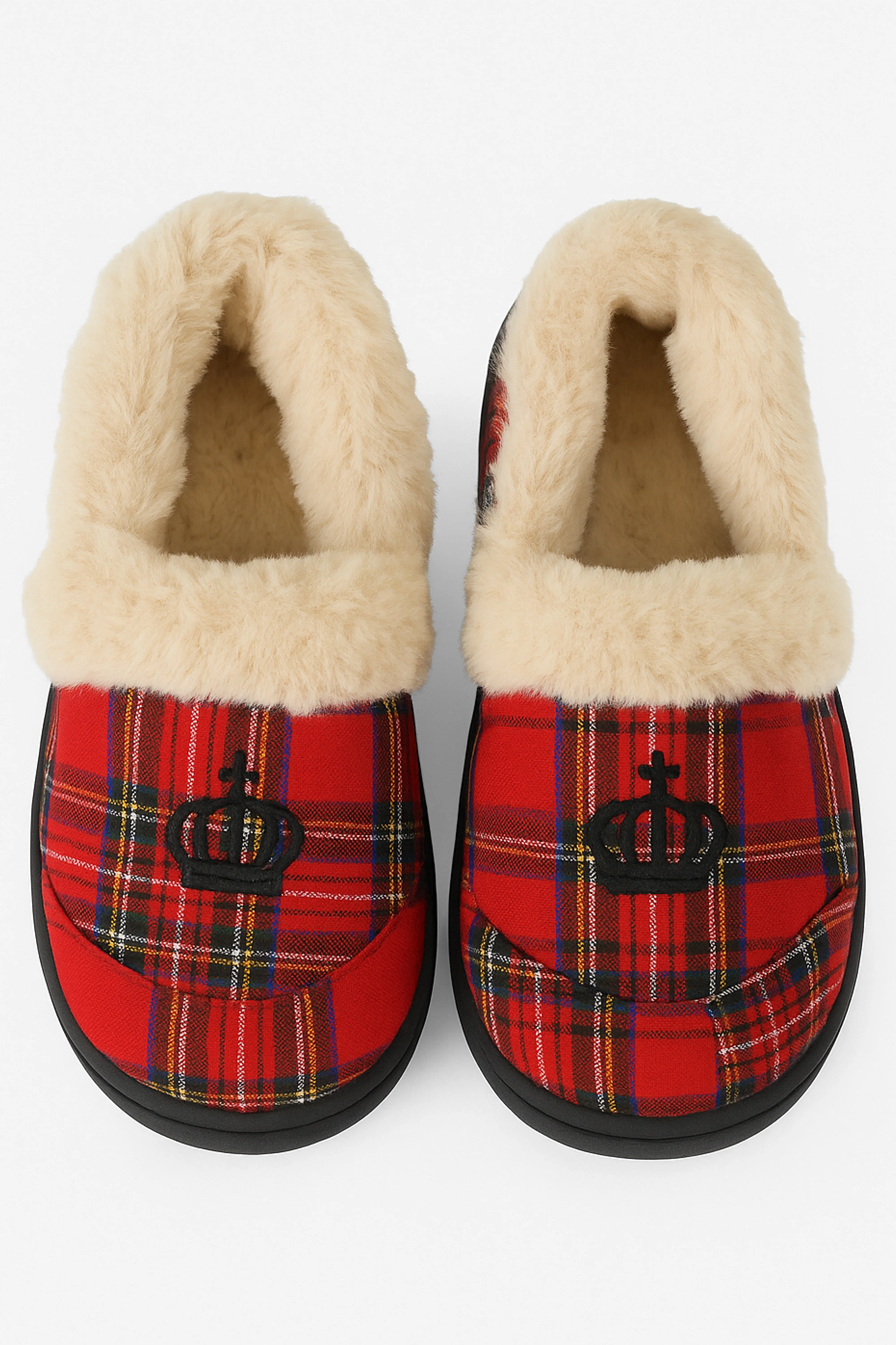 Boys Tartan Plaid Fleece Red Slippers - Crown - Red - Image 2