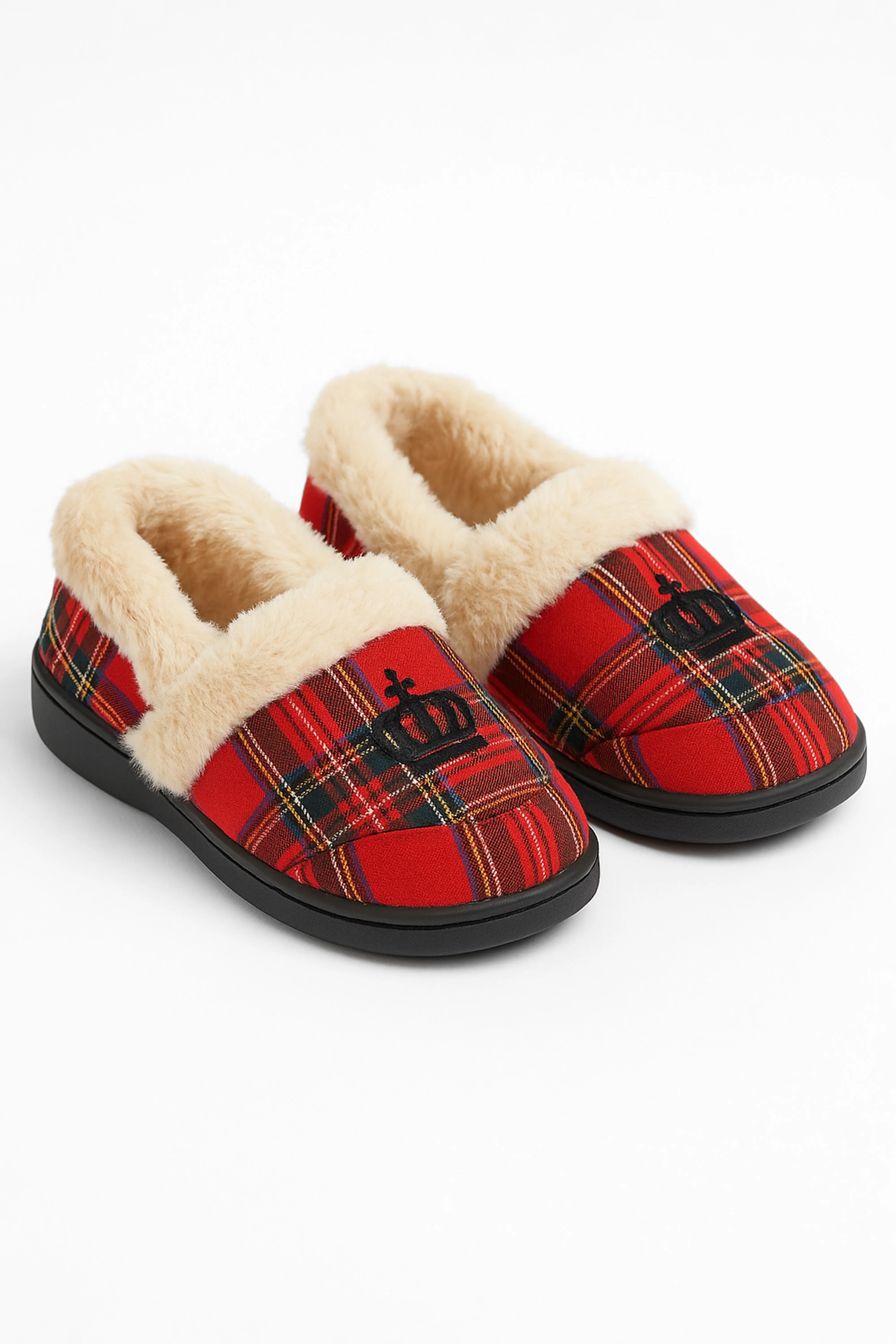 Boys Tartan Plaid Fleece Red Slippers - Crown - Red - Image 3