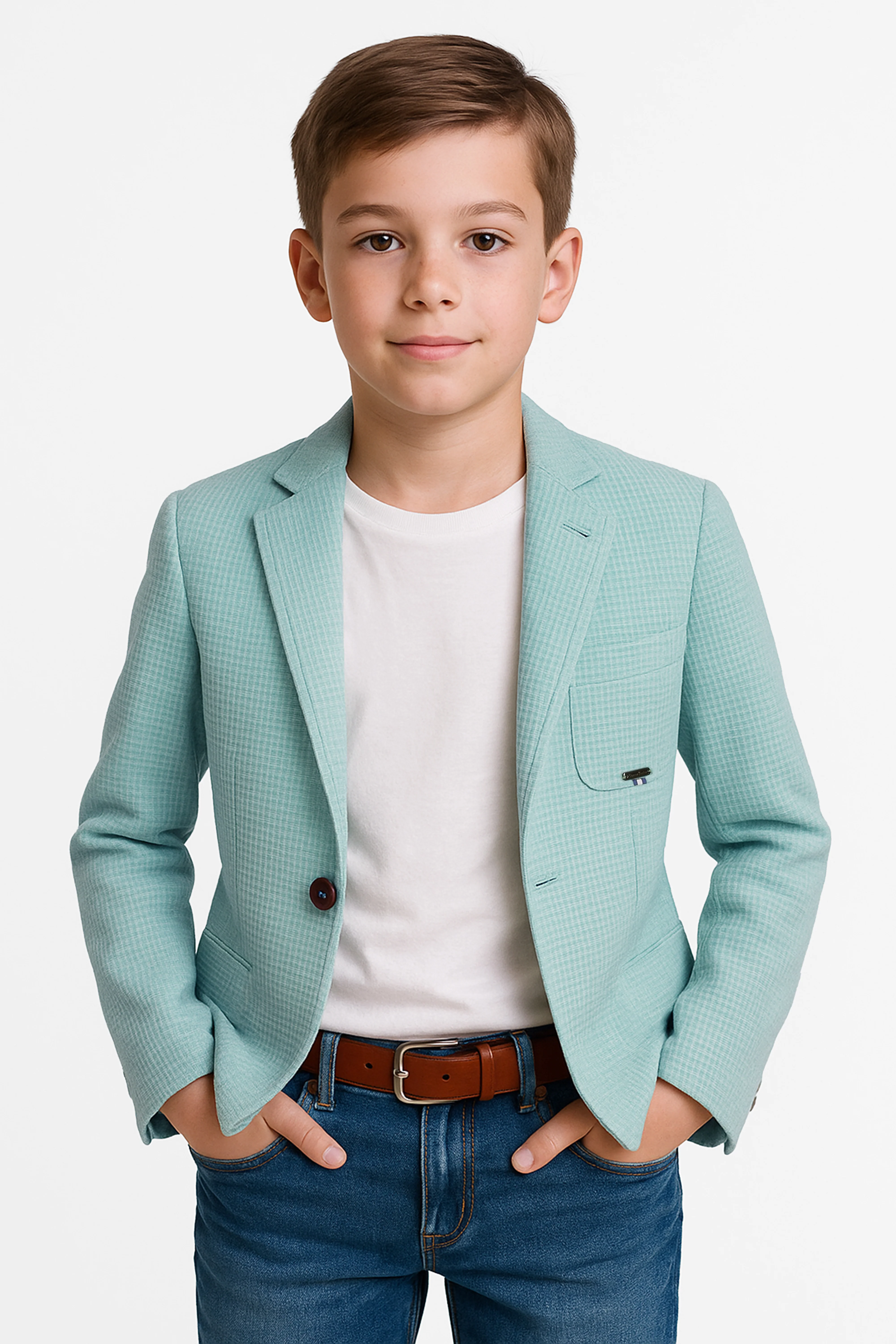 Boys Twill Single Breasted Slim Fit Blazer - TERRY - Aqua Green