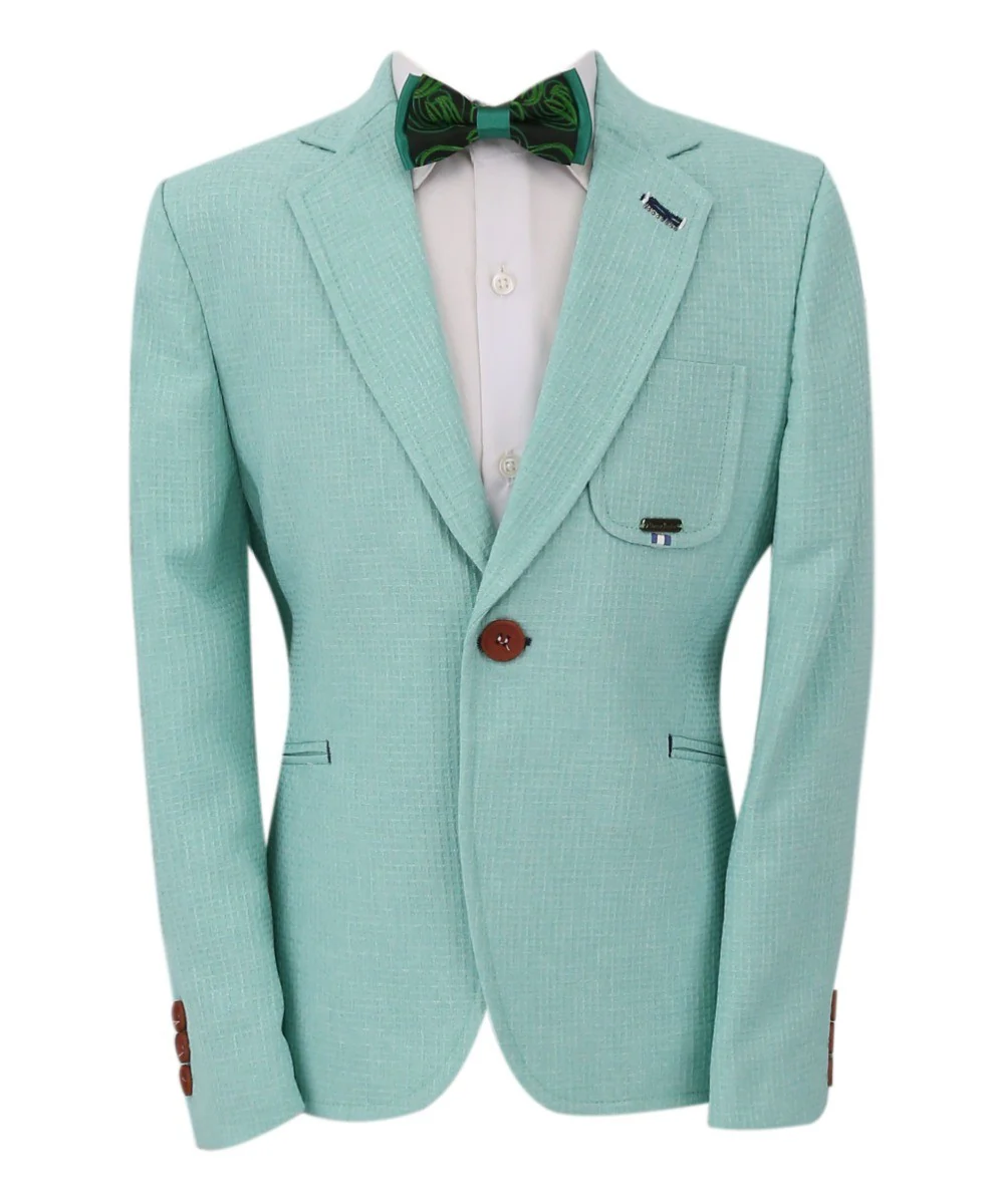 Boys Twill Single Breasted Slim Fit Blazer - TERRY - Aqua Green - Image 3