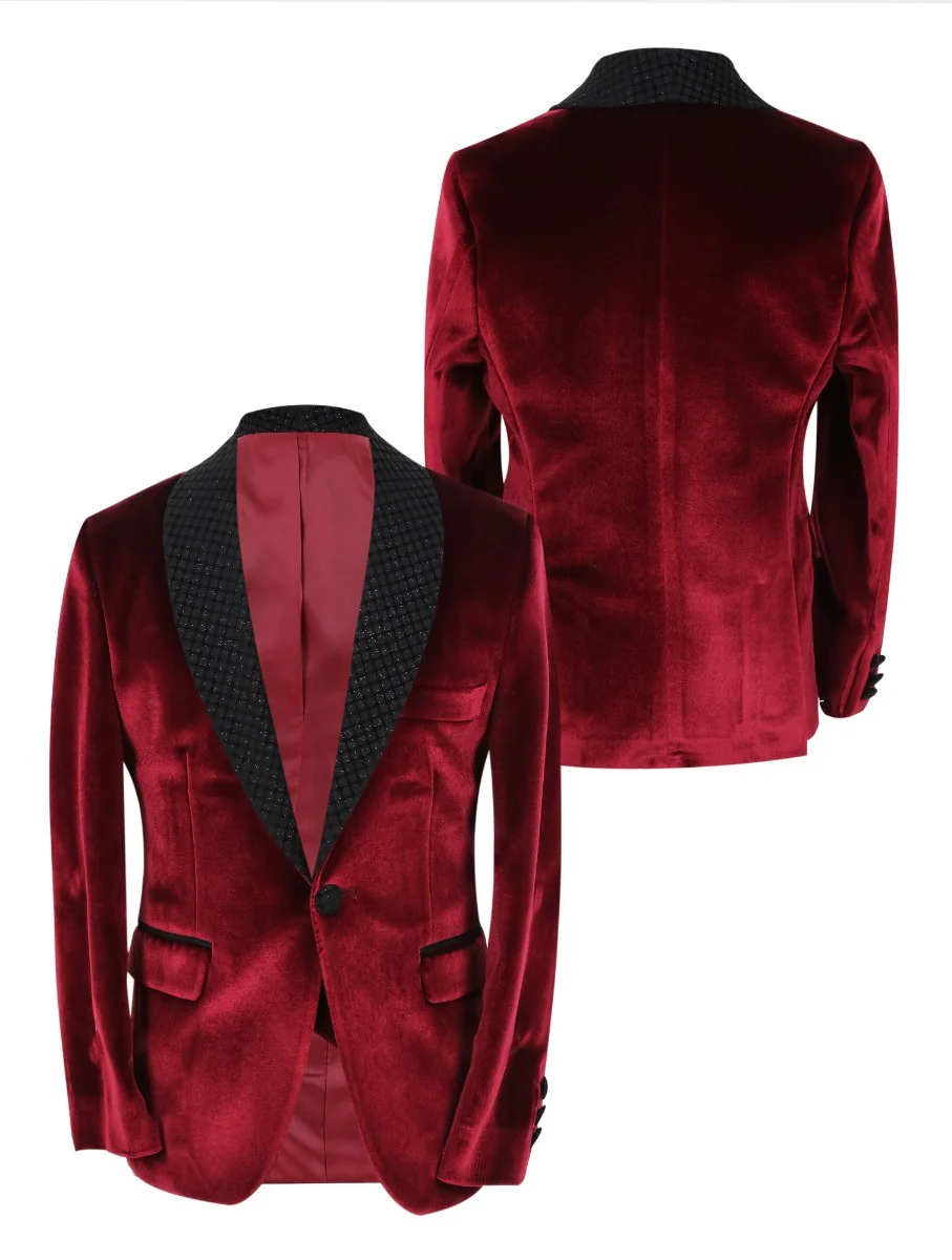 Boys Velvet Slim Fit Tuxedo Dinner Suit - Burgundy - Image 4