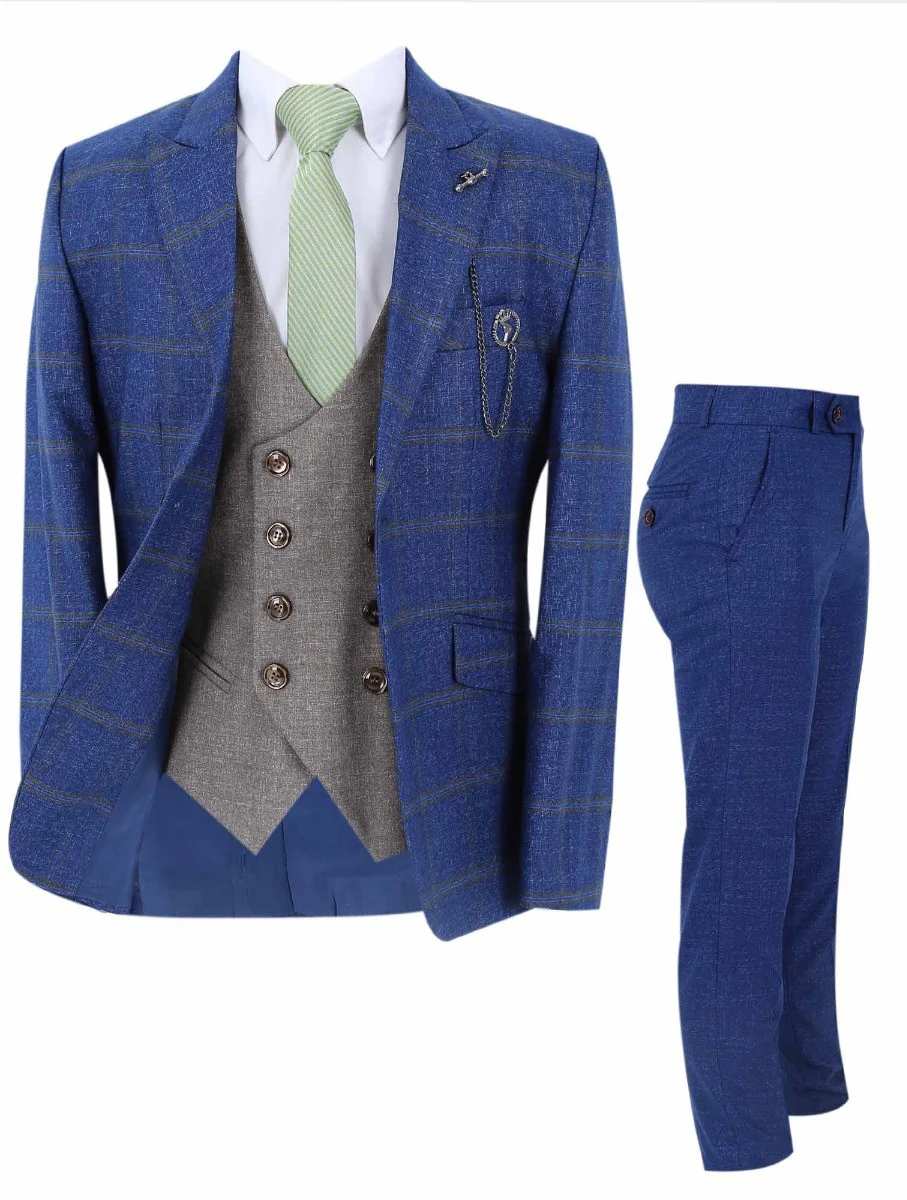 Boys Windowpane Check Slim Fit Suit Set - Blue - Image 3