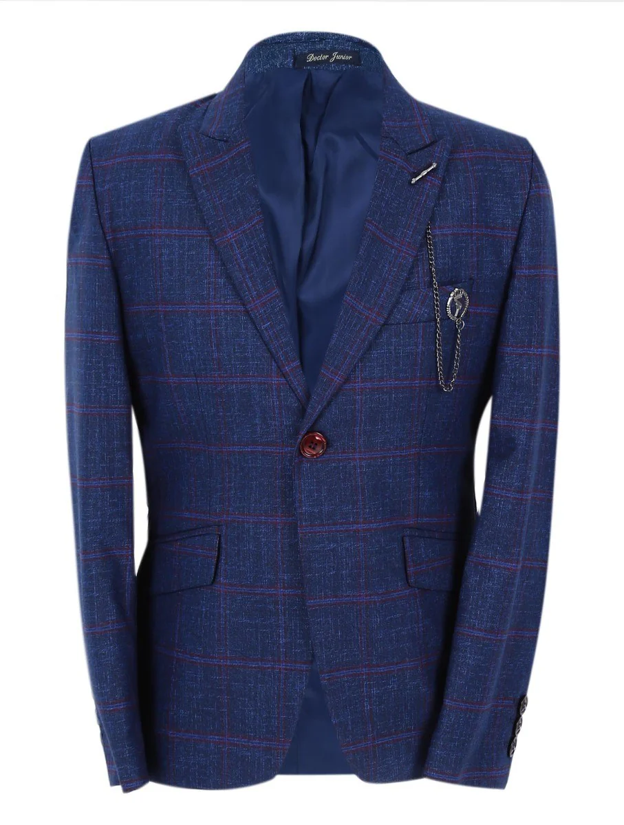 Boys Windowpane Check Slim Fit Suit Set - Navy Blue - Image 3