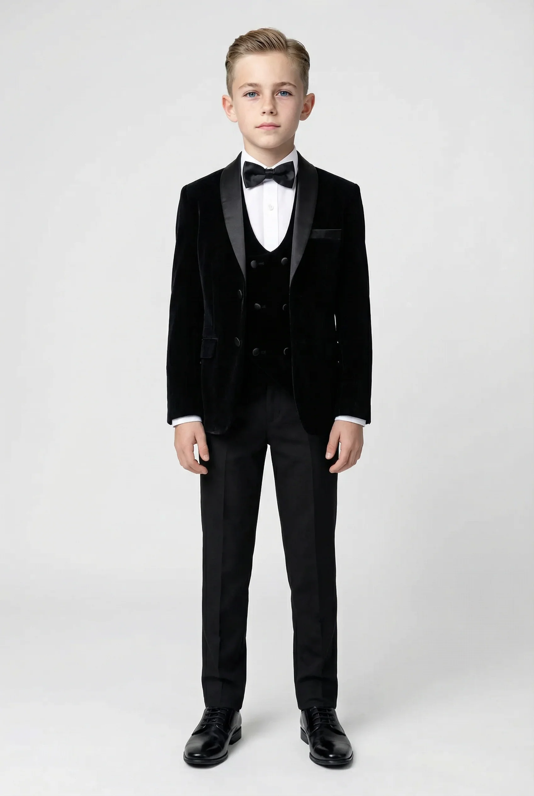 Boys Velvet Tuxedo Suit with Double-breasted Vest - Black - Image 5