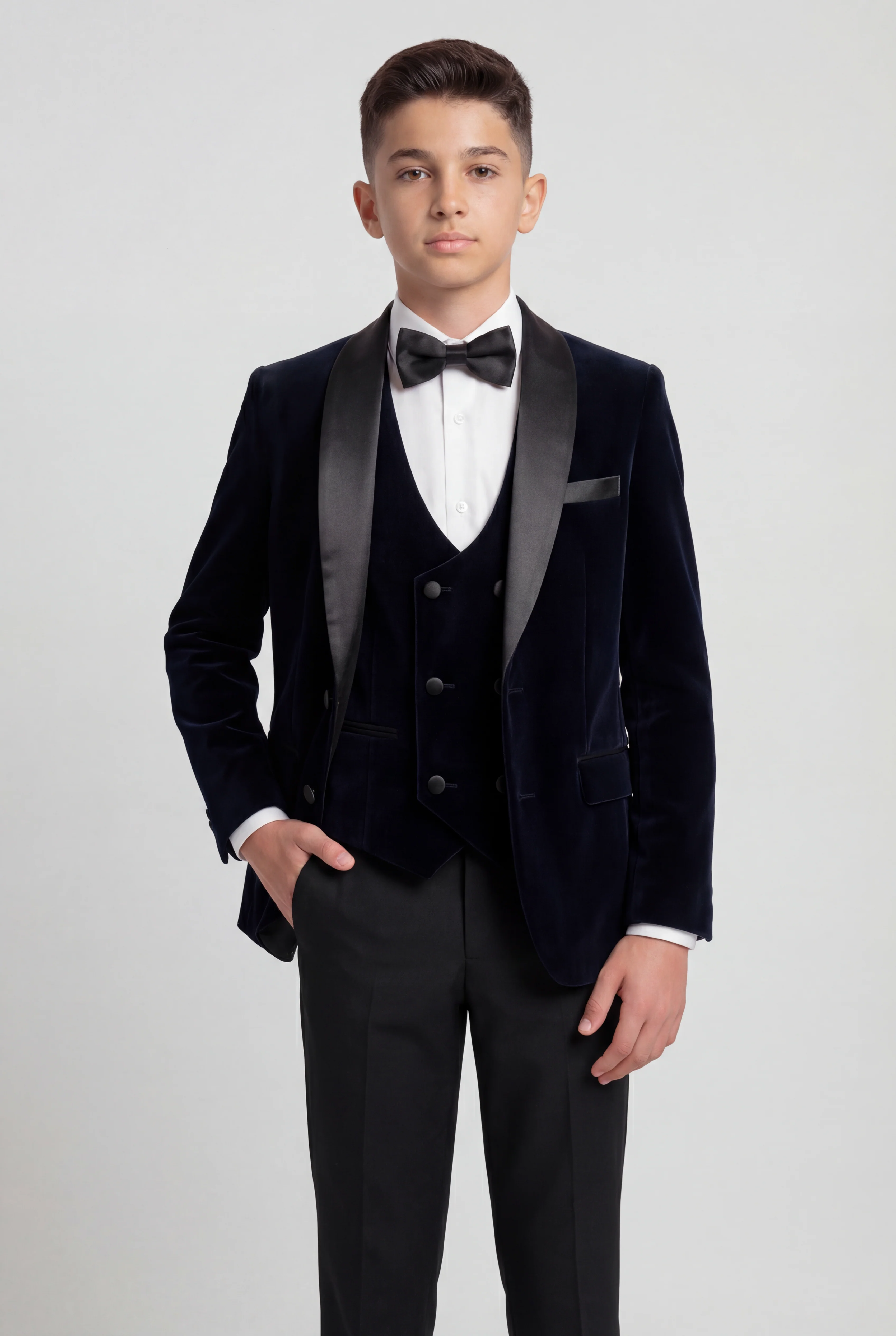 Boys Velvet Tuxedo Suit with Double-breasted Vest - Navy Blue - Image 4