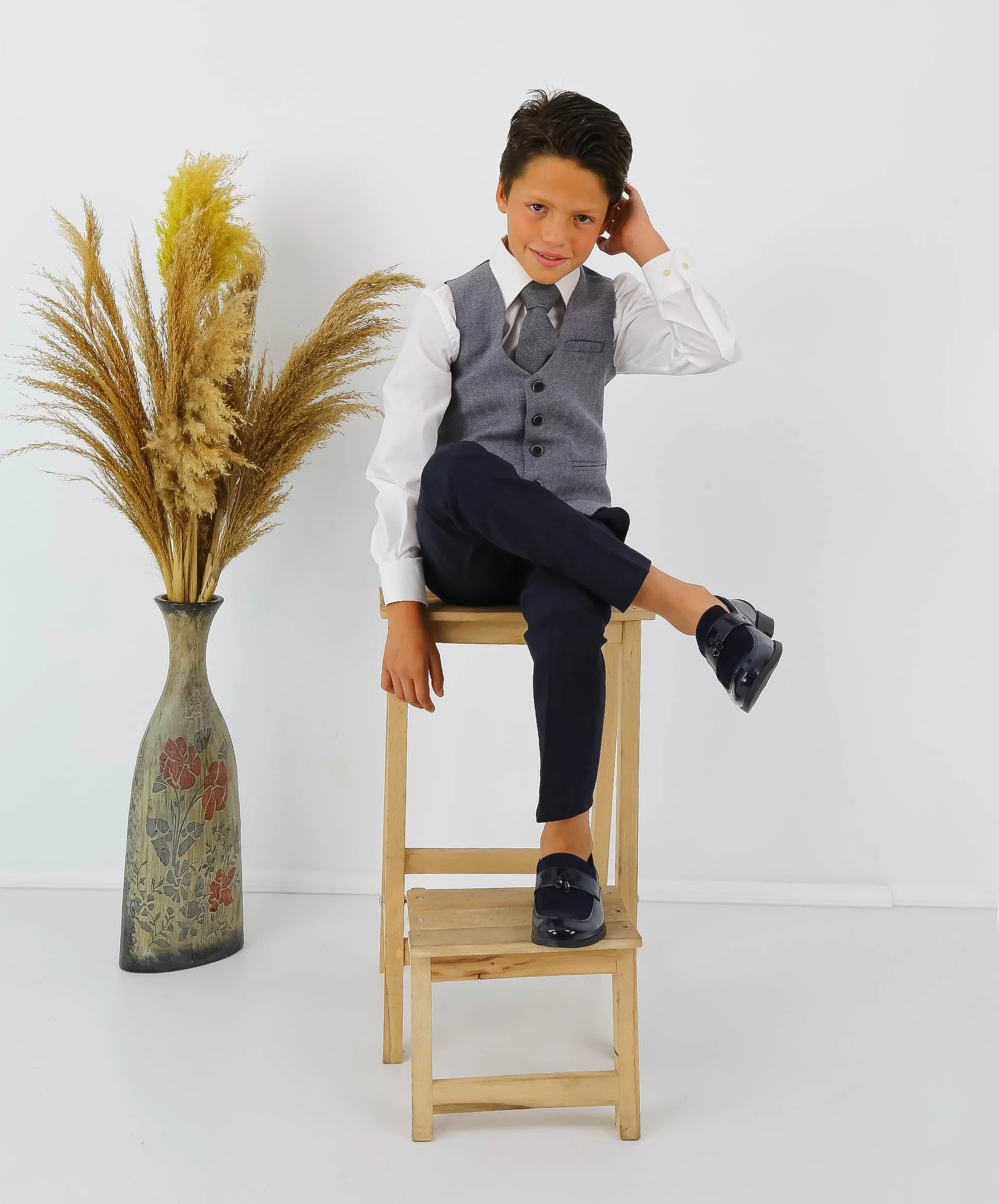 Boys Herringbone Tweed Waistcoat Suit - Grey - Image 3