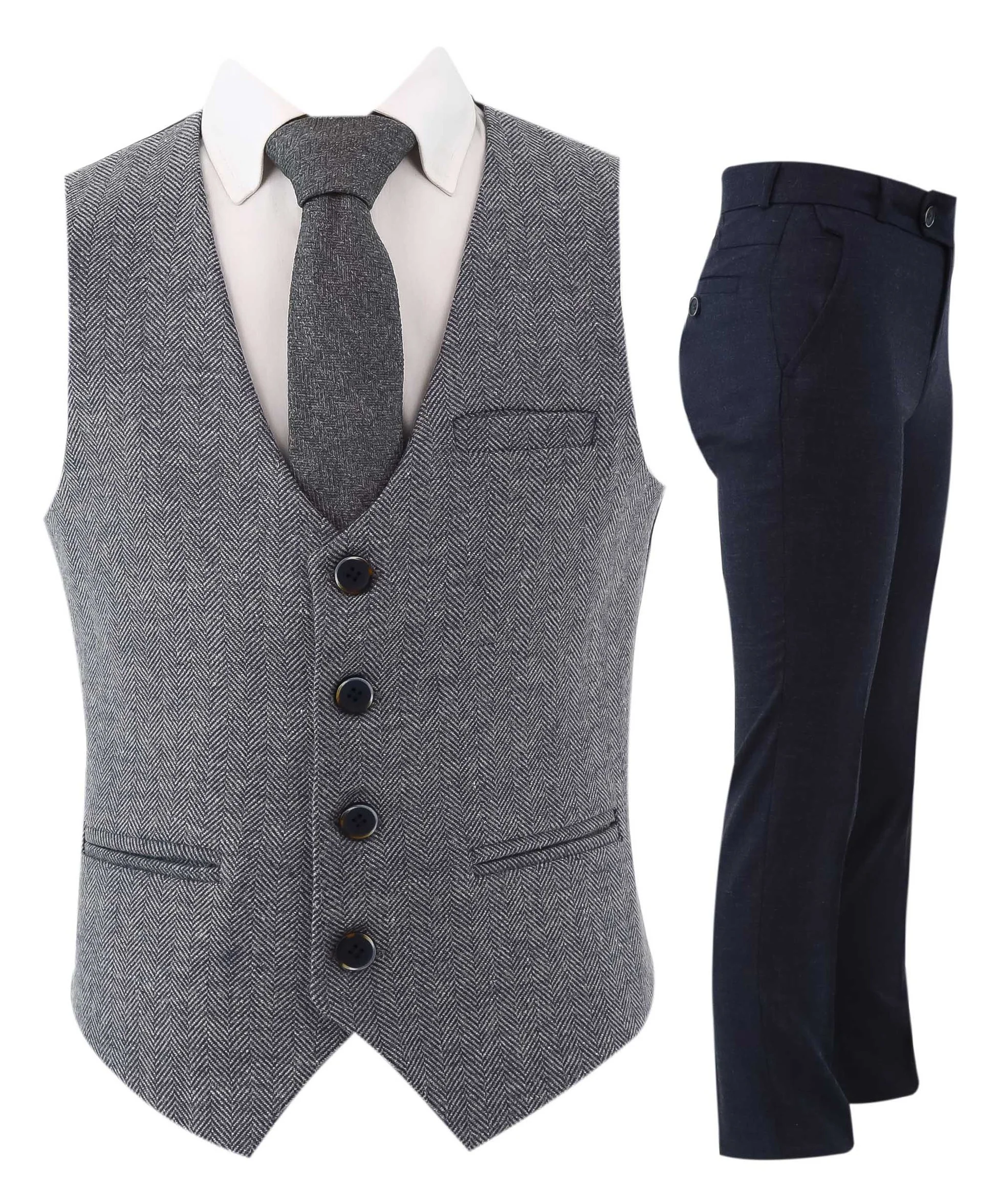 Boys Herringbone Tweed Waistcoat Suit - Grey - Image 7