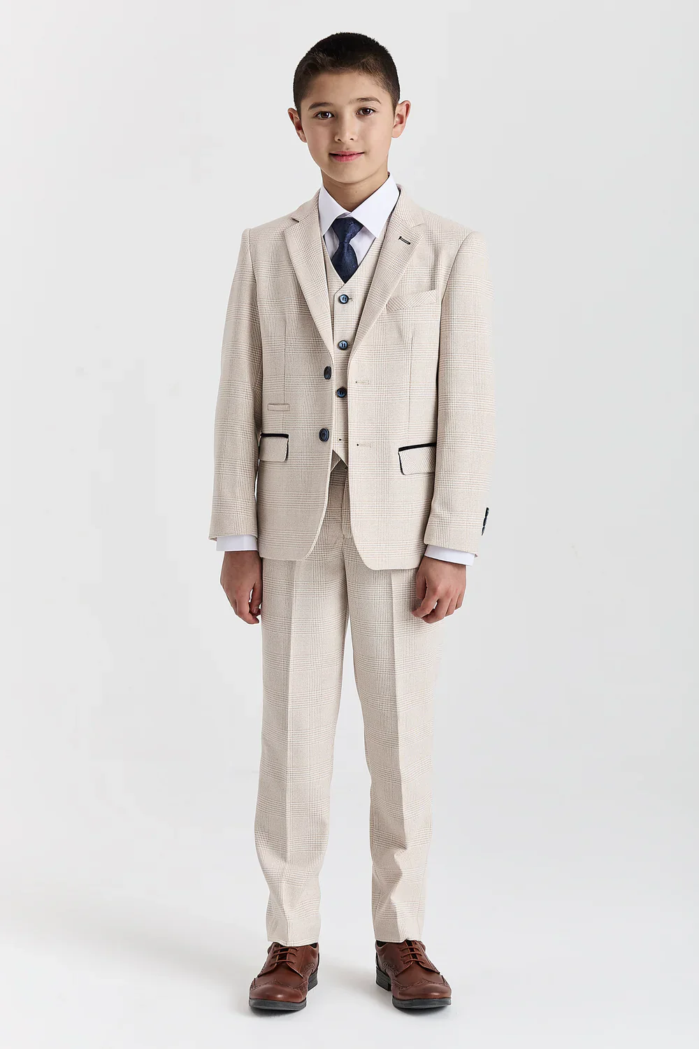 Boys 3-Piece Glen Check Tweed Formal Suit - Regent - Cream - Image 2