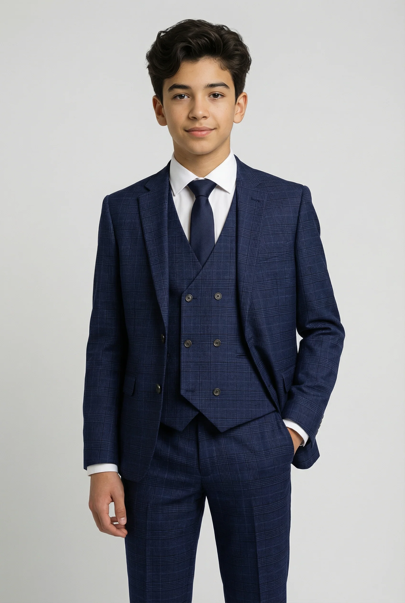 Boys 3-Piece Tweed Like Glen Check Suit - Luis Navy