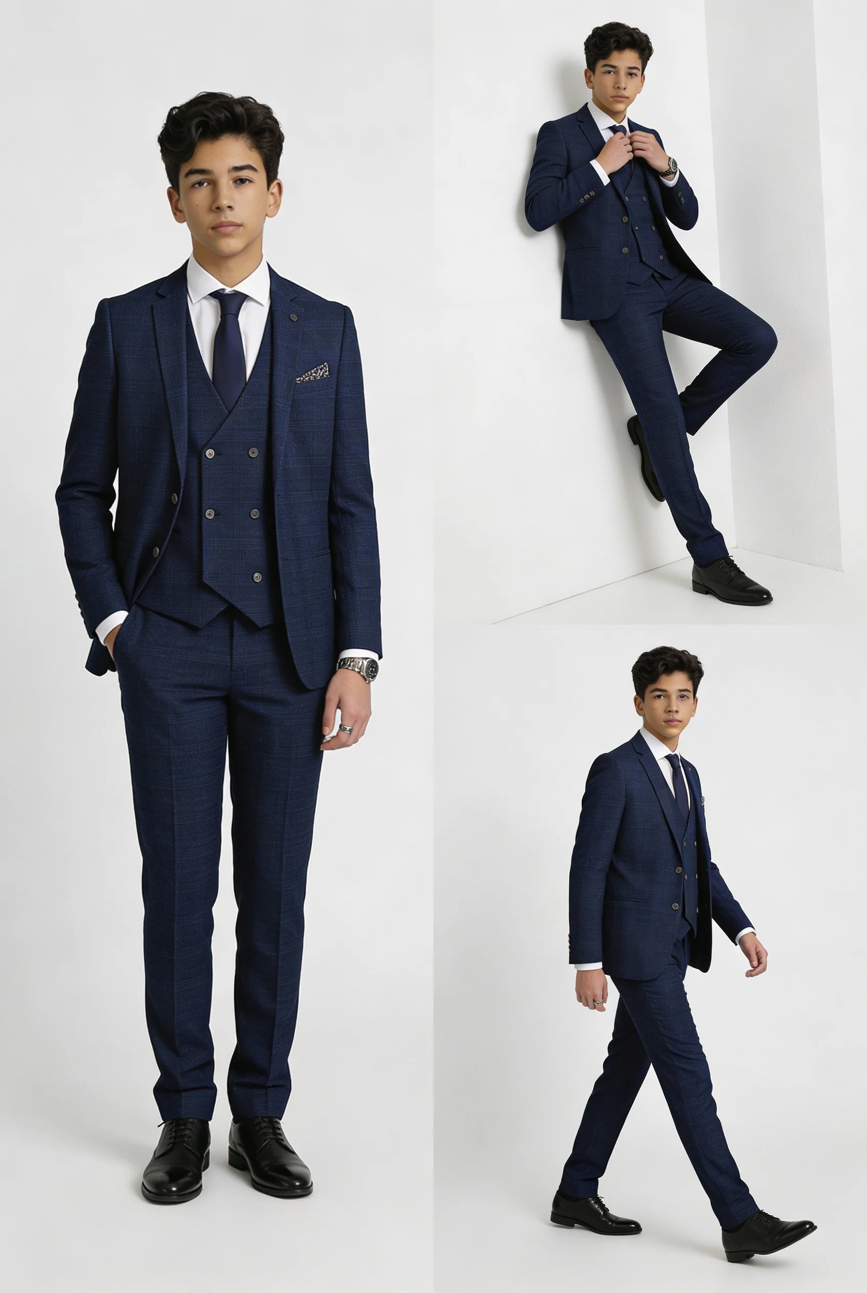 Boys 3-Piece Tweed Like Glen Check Suit - Luis Navy - Image 5