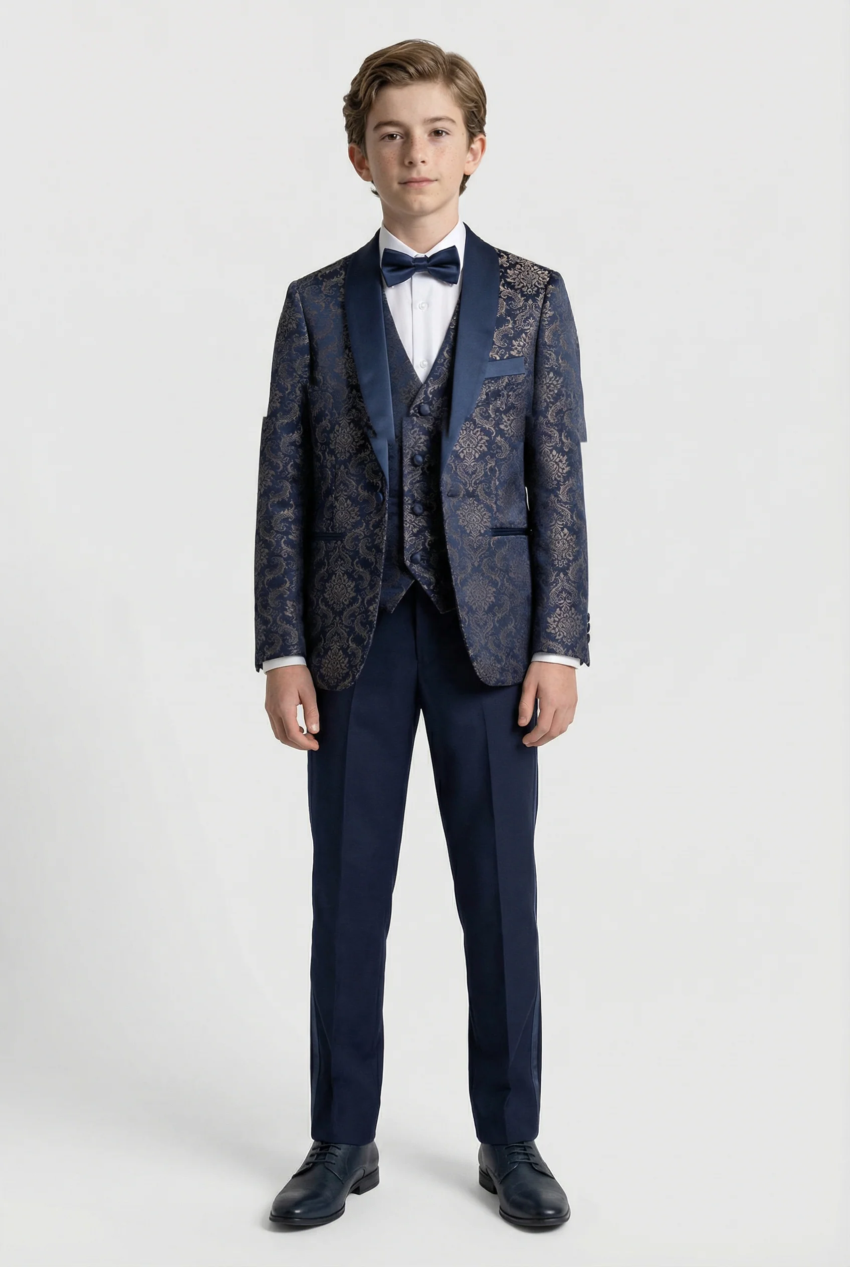 Boys 3-Piece Velvet Damask Tuxedo Suit - Marc Navy - Image 2