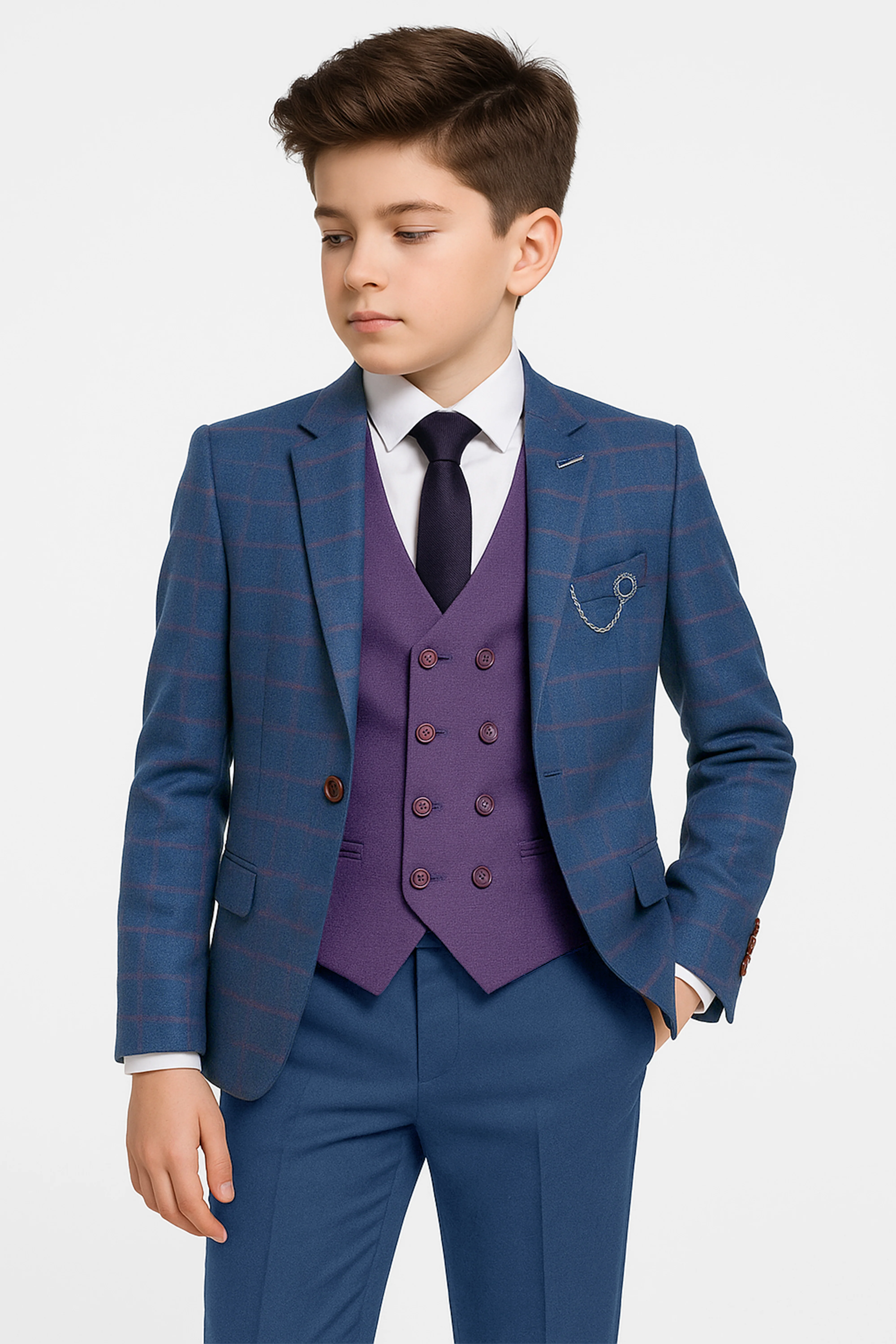 Boys 3-Piece Windowpane Check Slim Fit Suit Set