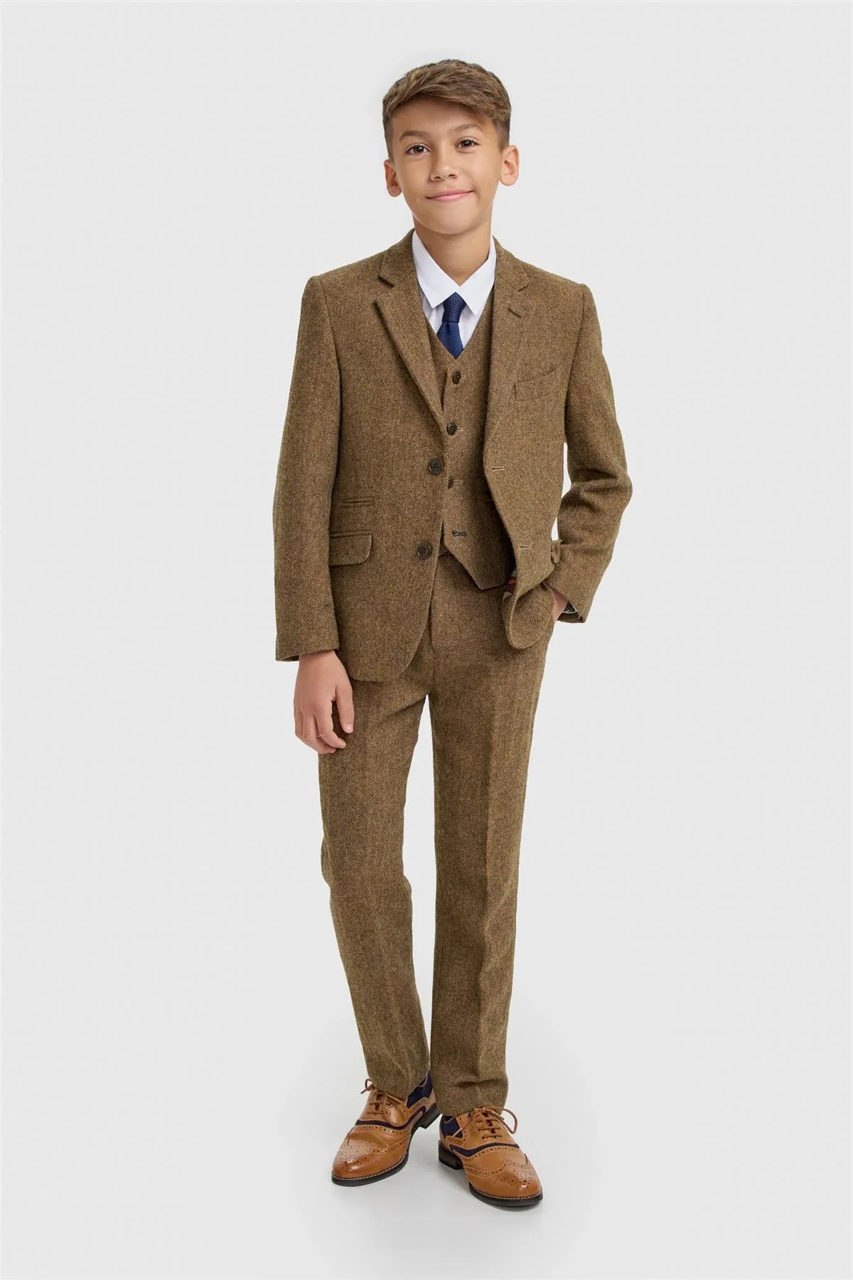 Boys 3-Piece Wool Herringbone Tweed Suit - Thomas - Brown - Image 2