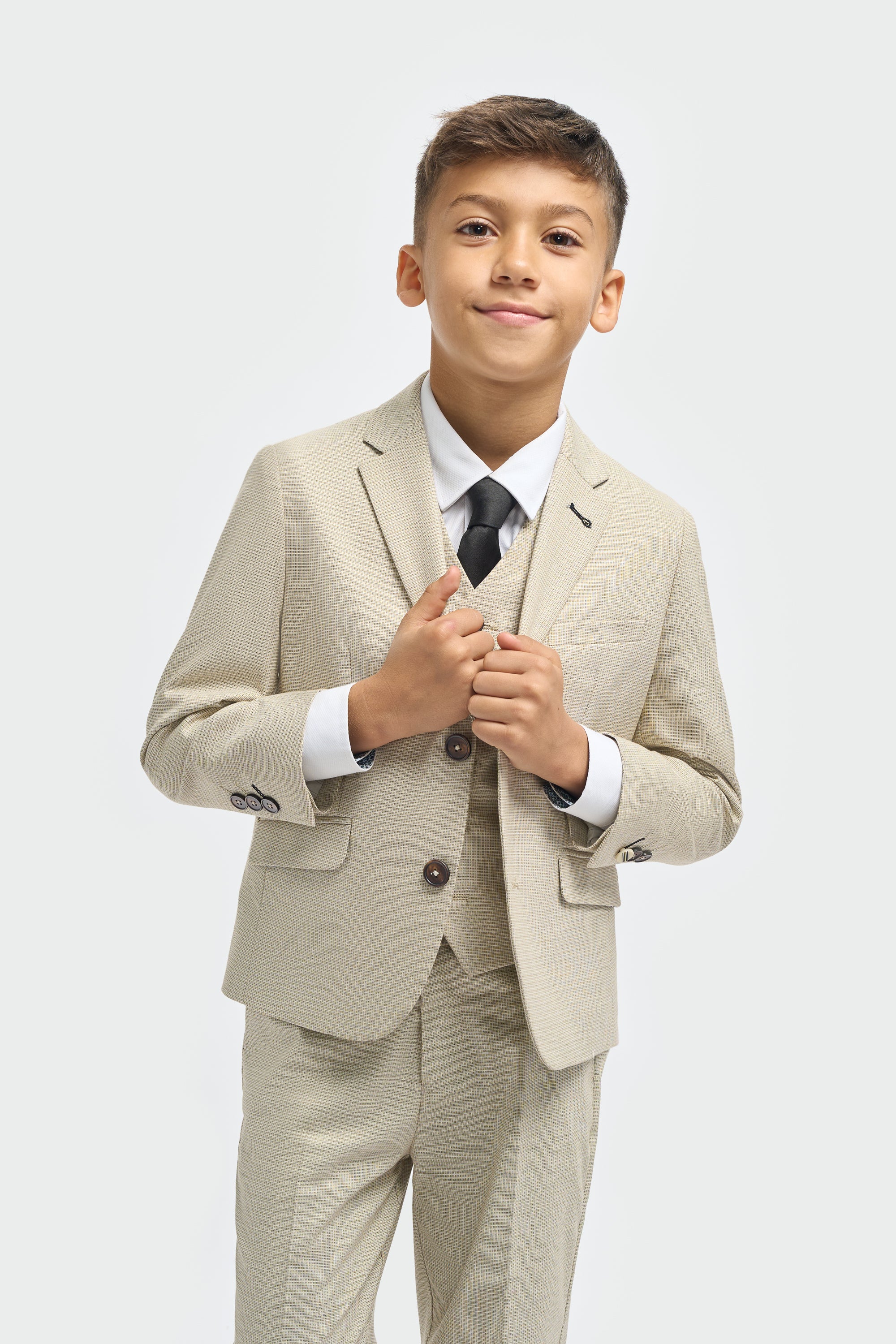 Boys’ 3-Piece Beige Cotton Microcheck Suit - Hampton