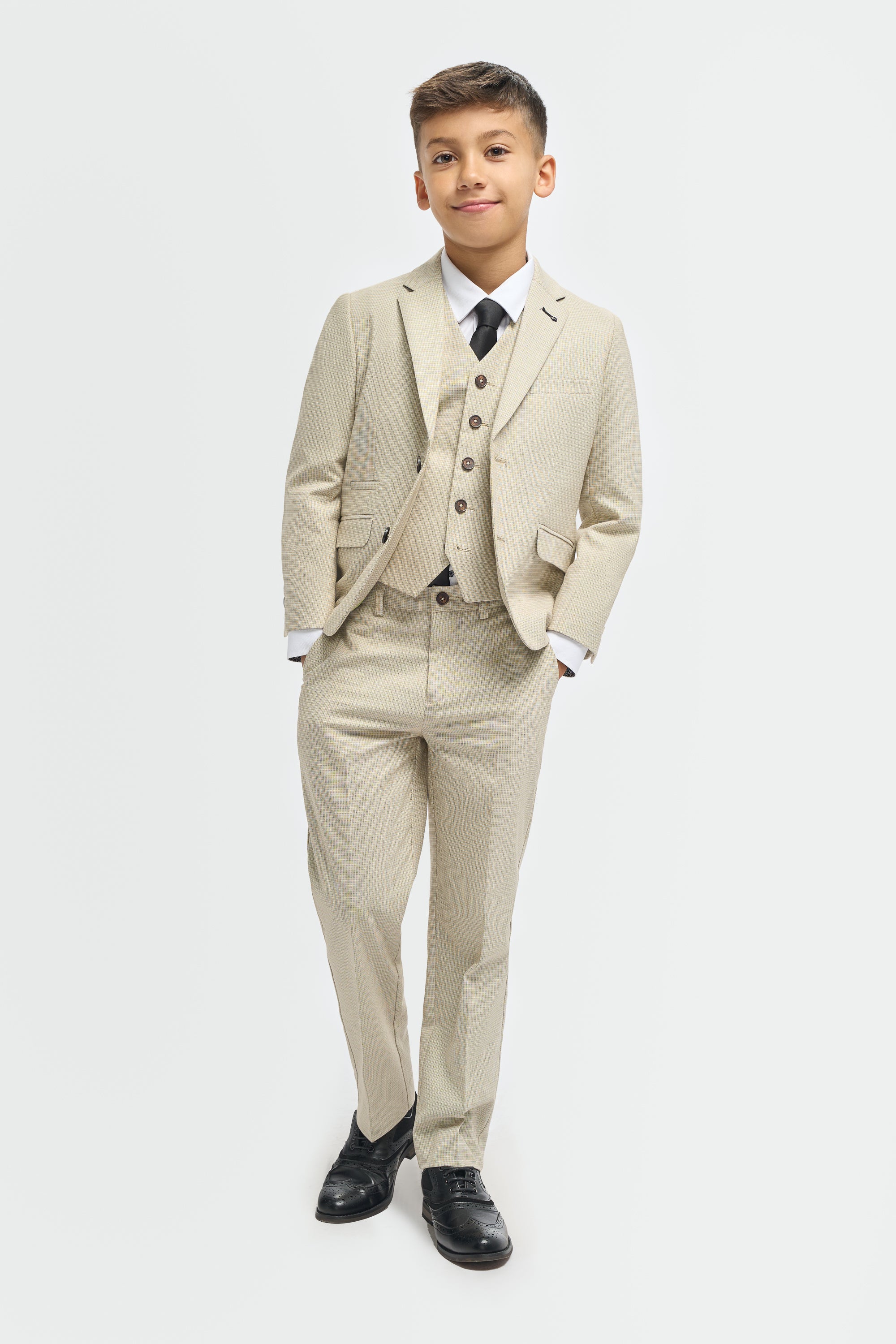Boys’ 3-Piece Beige Cotton Microcheck Suit - Hampton - Image 2
