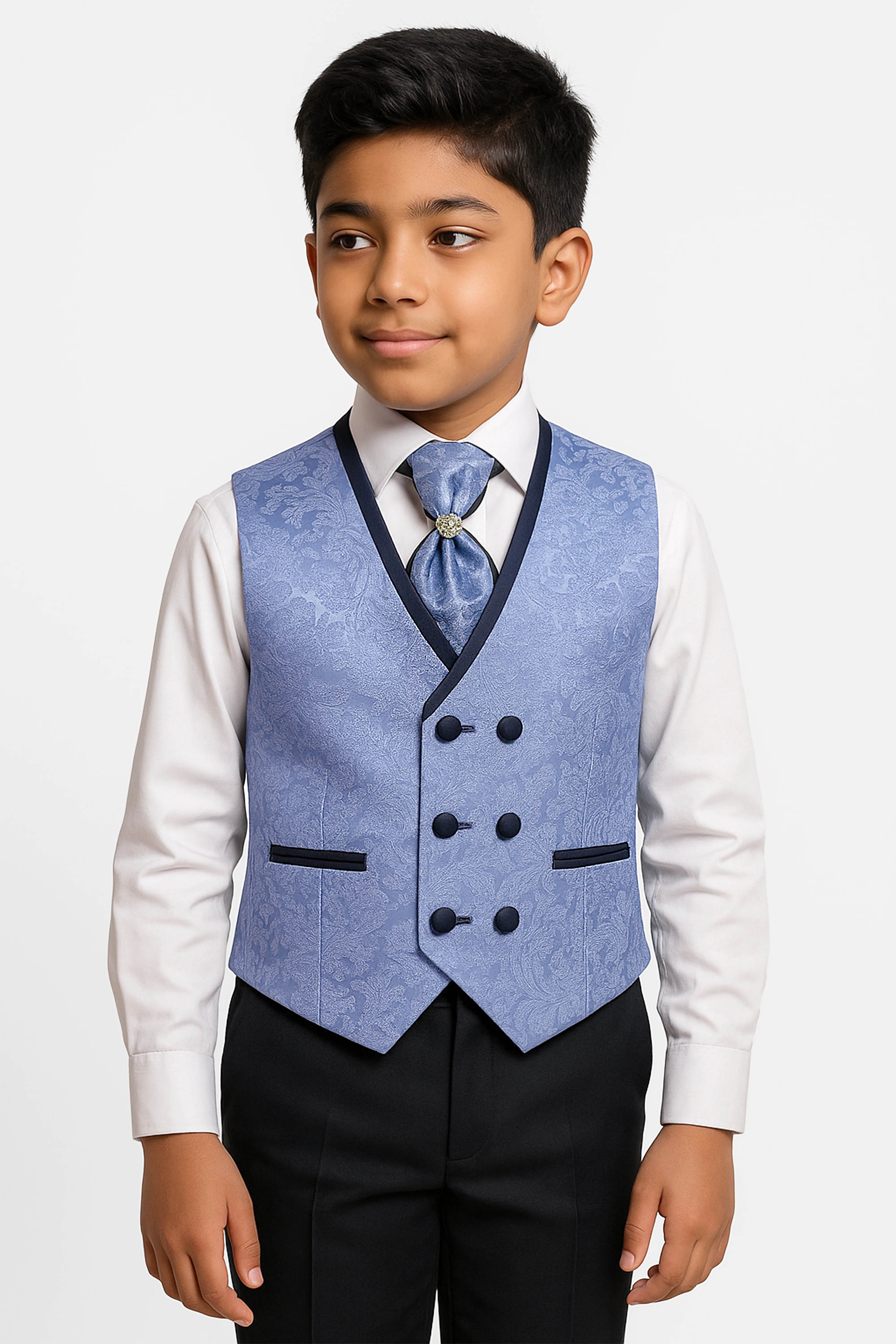 Boys 4-Piece Paisley Jacquard Waistcoat Cravat Set - Blue