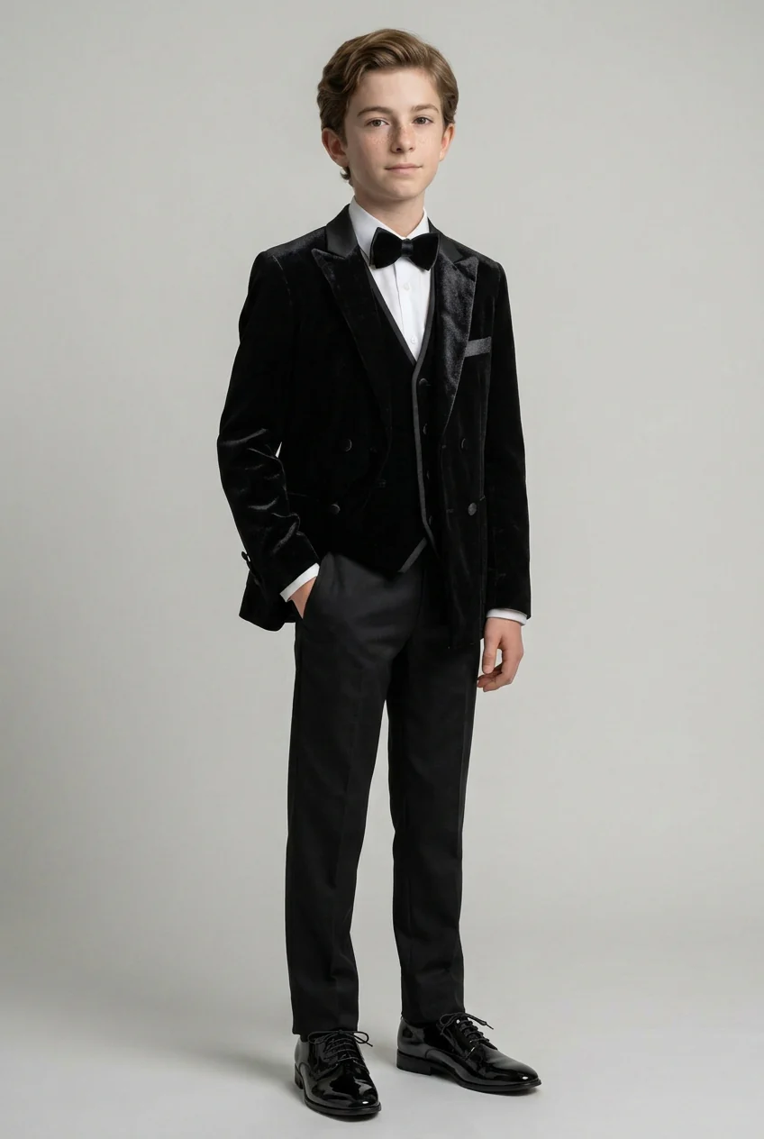 Boys 4-Piece Velvet Double Breasted Tuxedo Suit - Albert  Black - Image 2