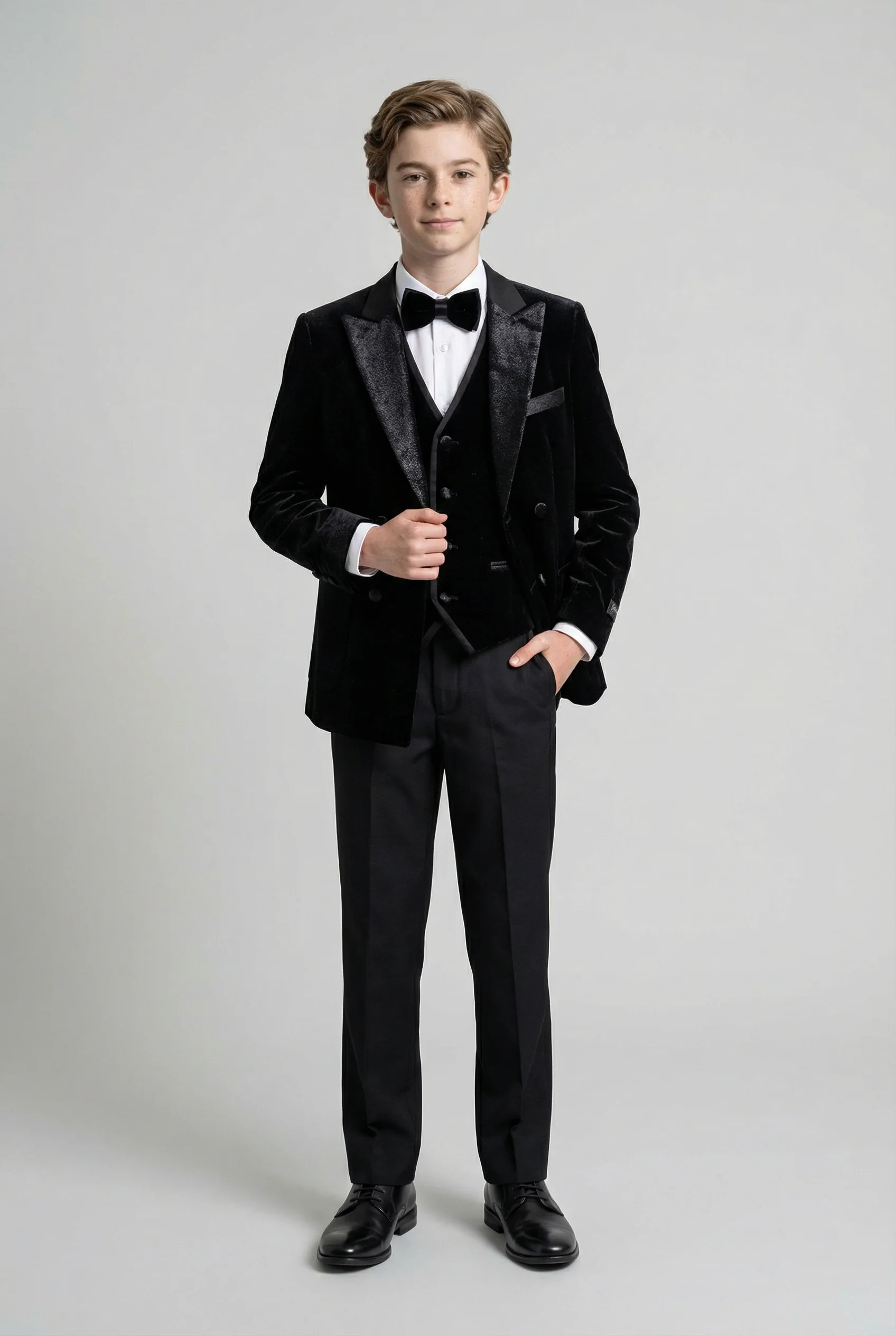 Boys 4-Piece Velvet Double Breasted Tuxedo Suit - Albert  Black - Image 3