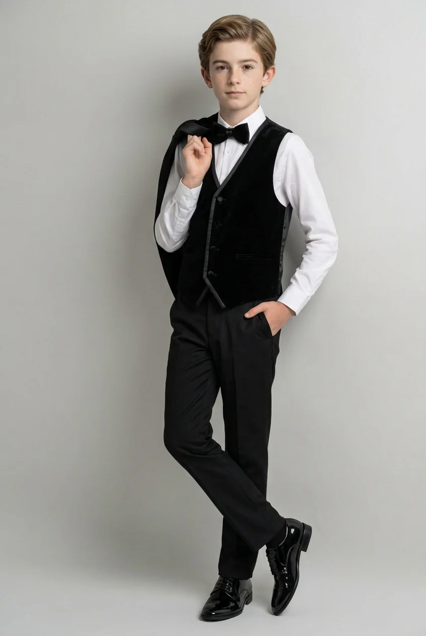 Boys 4-Piece Velvet Double Breasted Tuxedo Suit - Albert  Black - Image 6