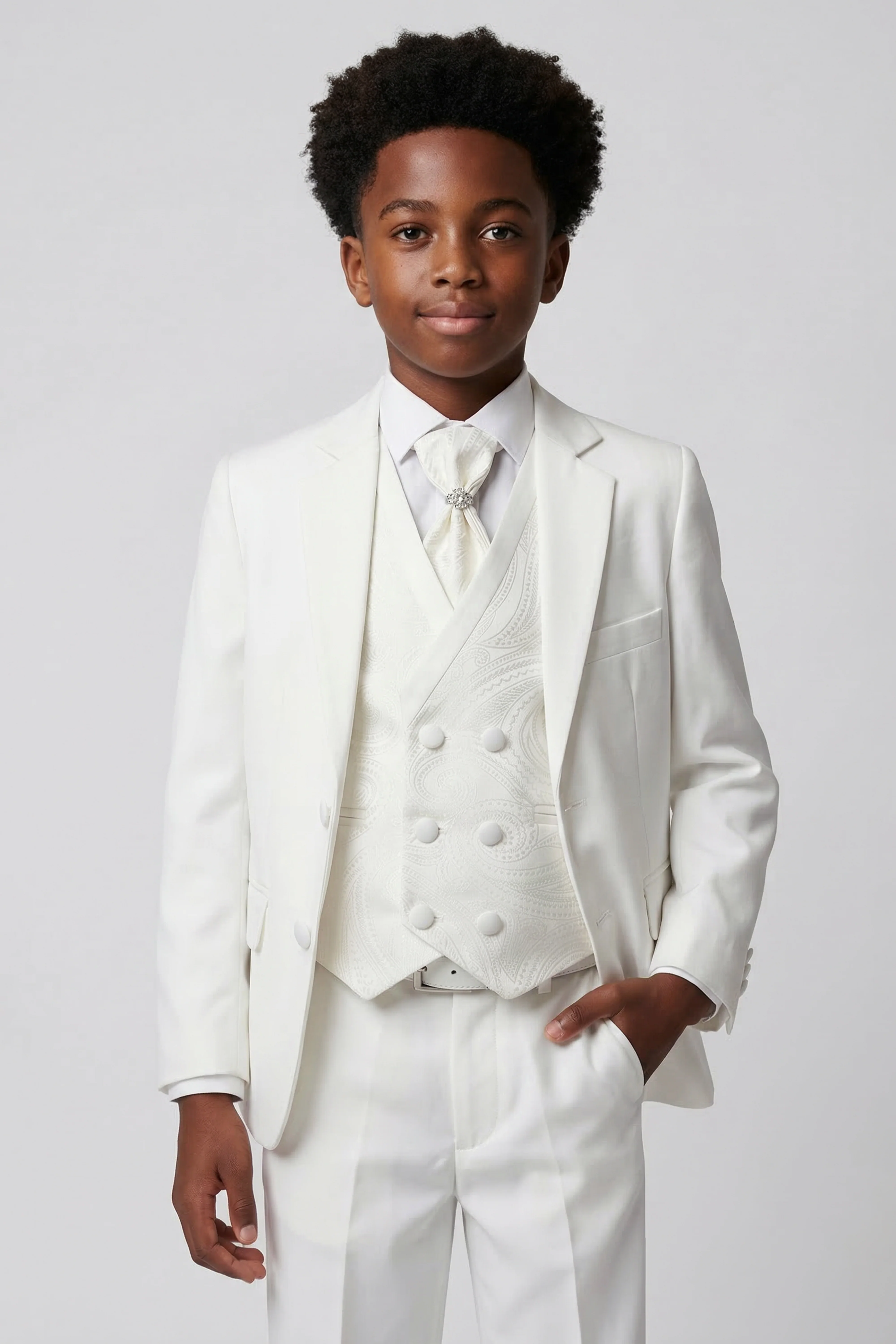 Boys 5 PC Ivory Suit Set, with Double-breasted Vest - Ivory