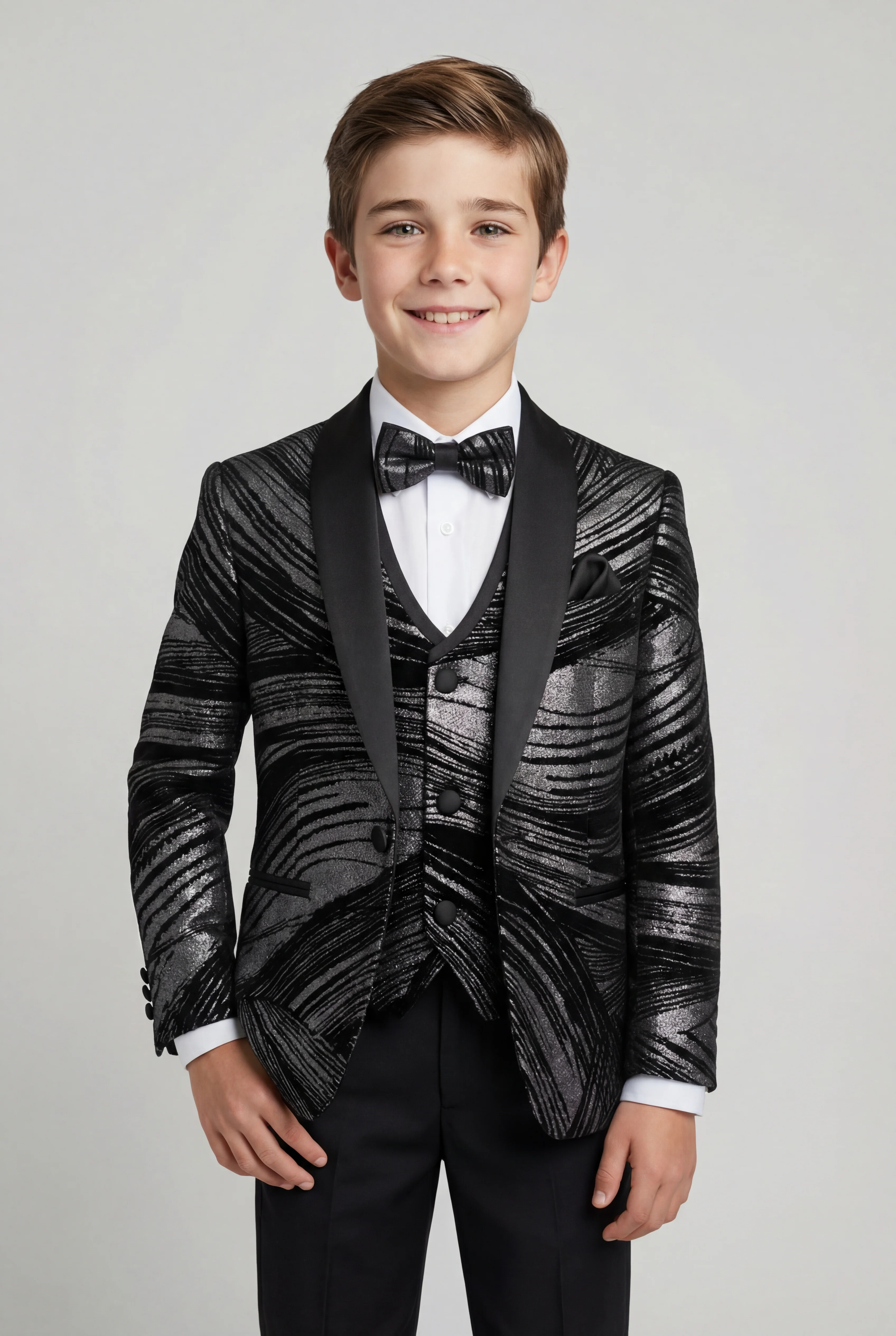 Boys 5-Piece Metallic Jacquard Tuxedo Suit - Black and Silver