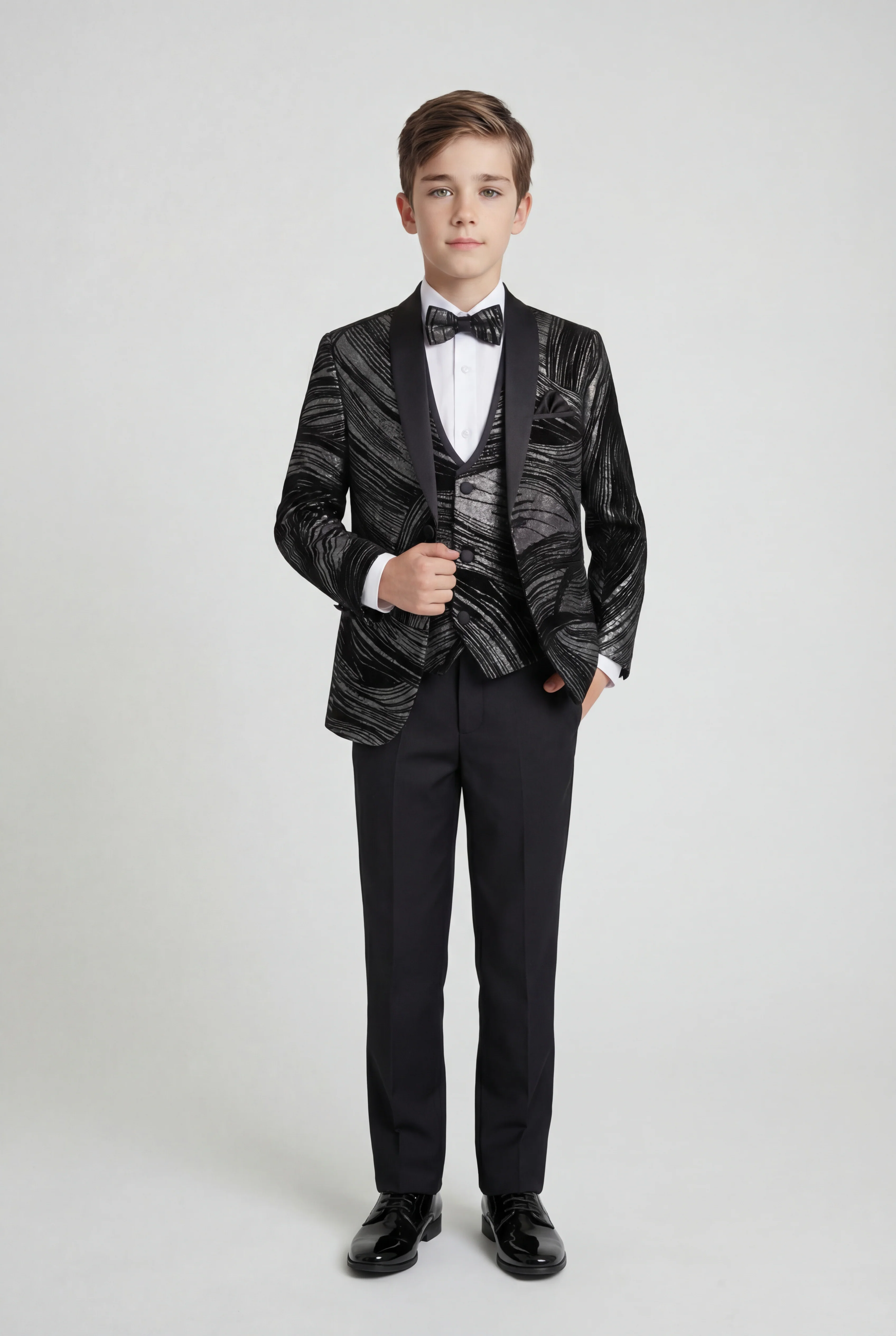 Boys 5-Piece Metallic Jacquard Tuxedo Suit - Black and Silver - Image 2