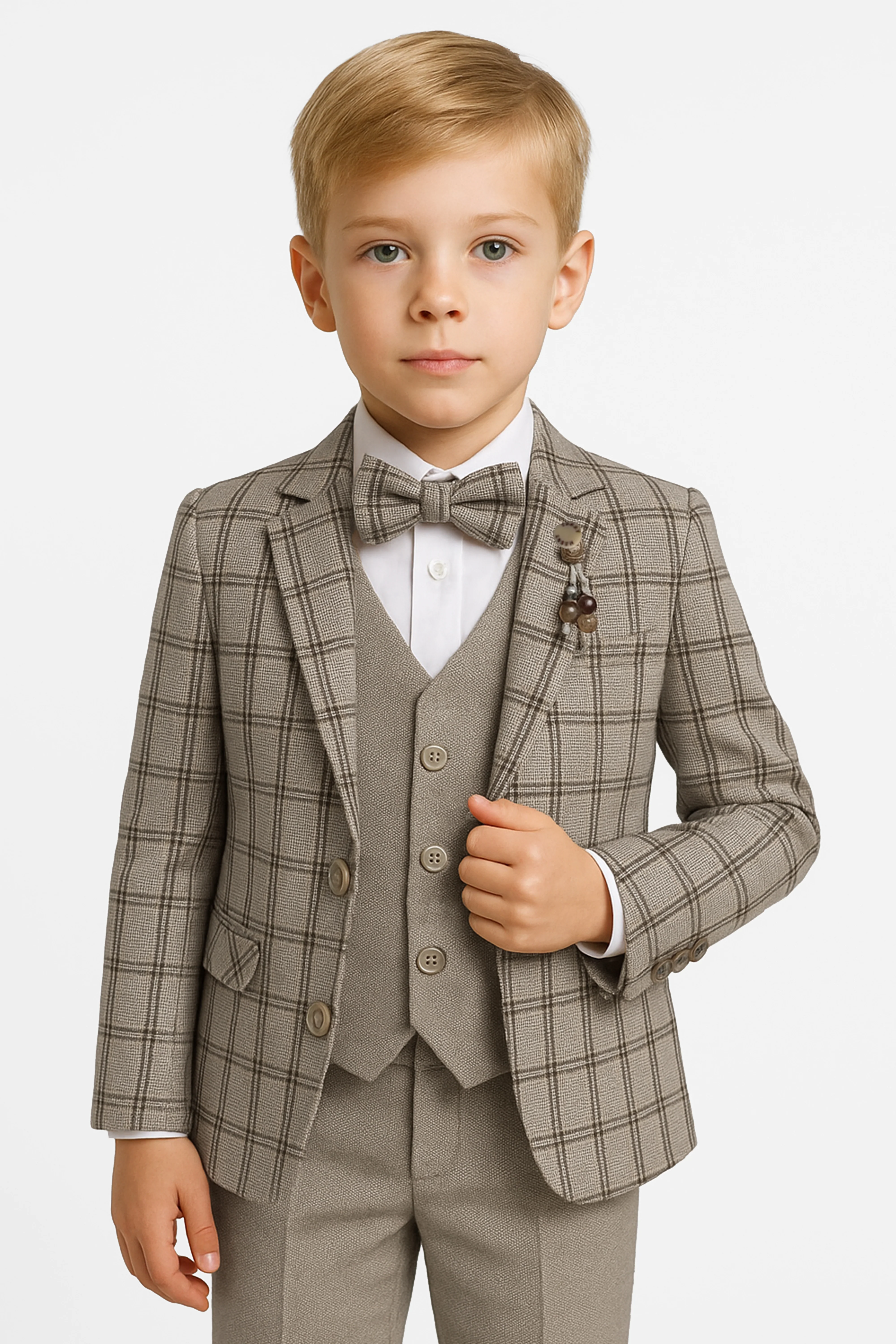 Boys 5-Piece Slim Fit Windowpane Check Suit - Ekose - CREAM & TAUPE BROWN