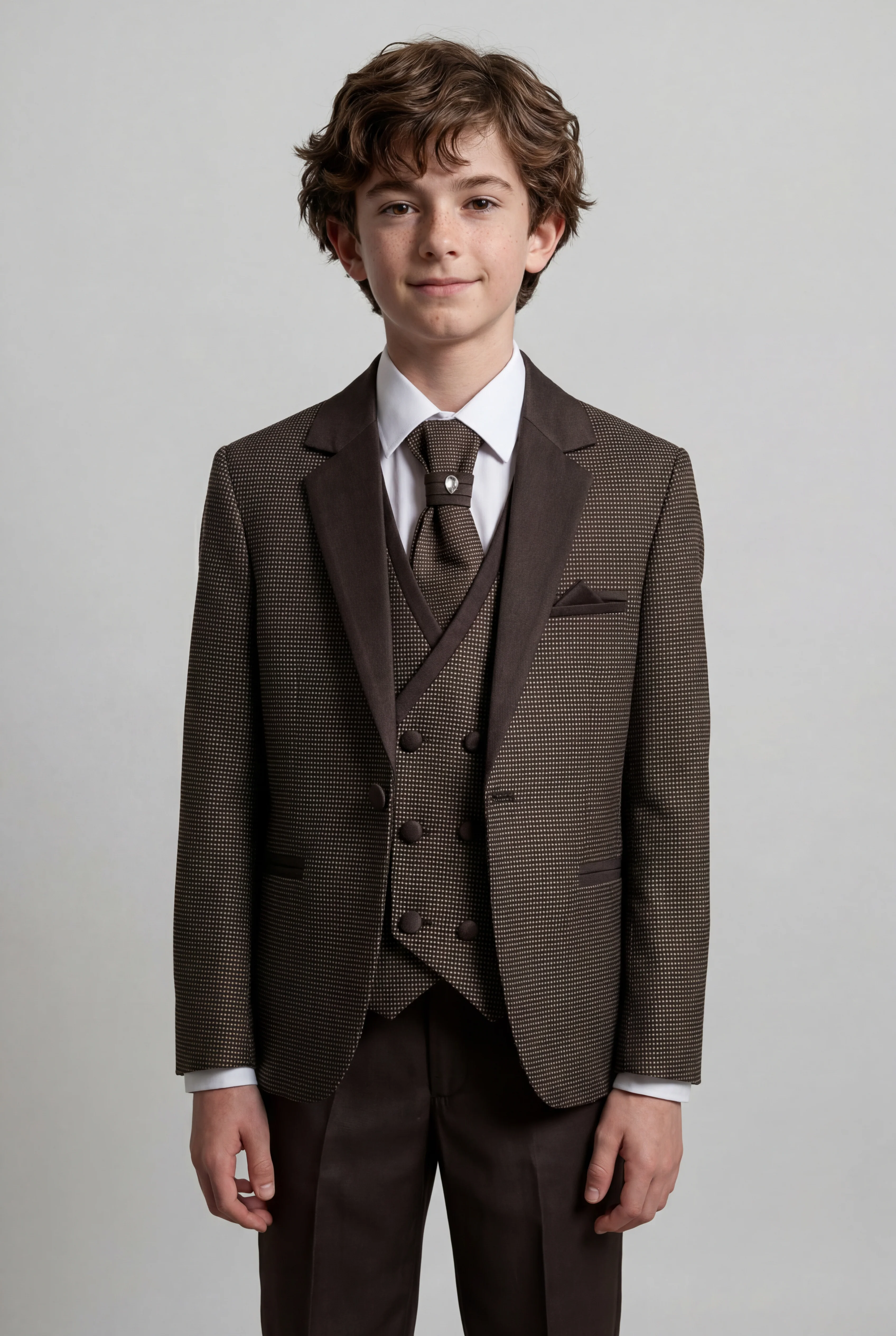 Boys 5-Piece Textured Microcheck Suit - Brown