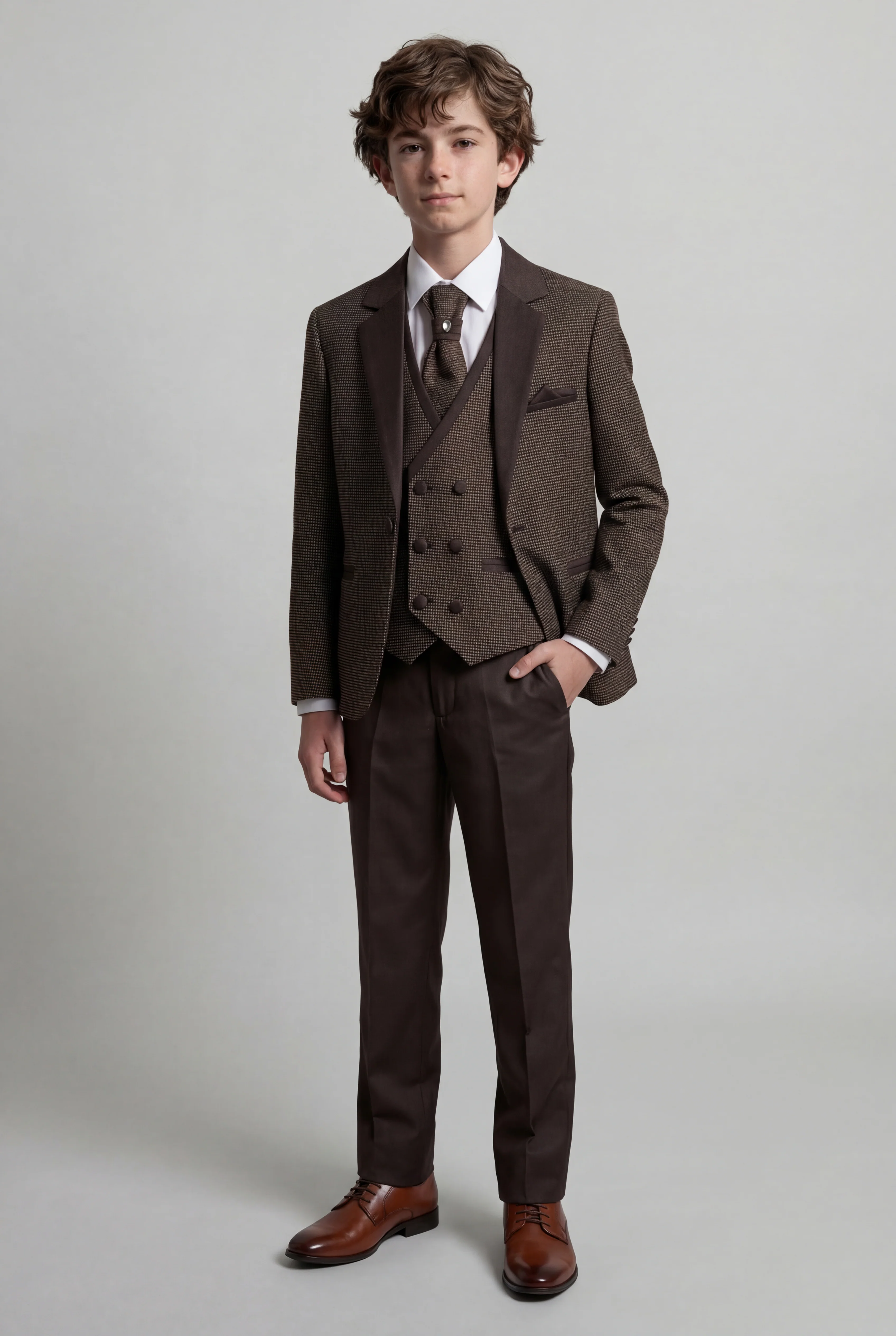 Boys 5-Piece Textured Microcheck Suit - Brown - Image 2
