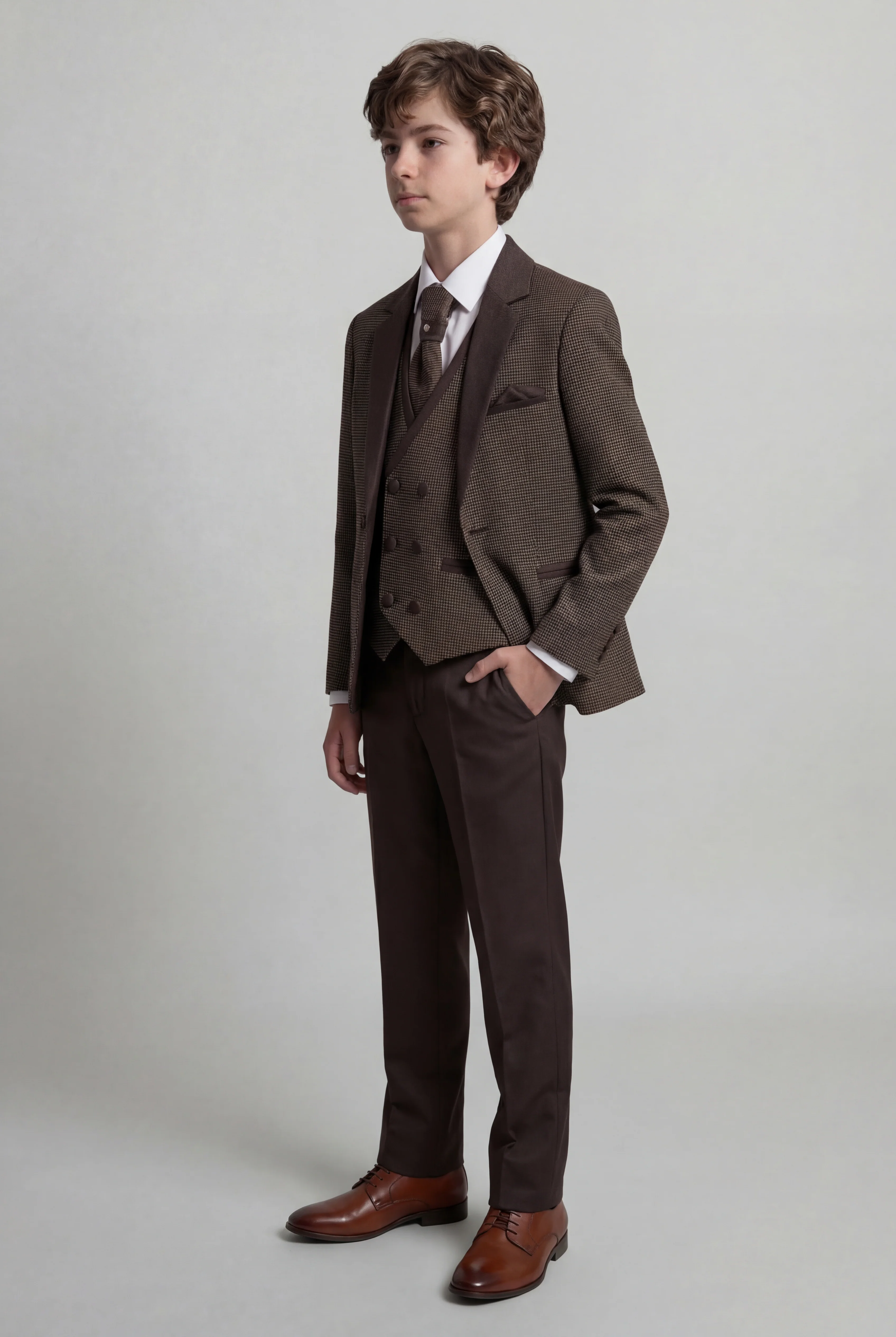 Boys 5-Piece Textured Microcheck Suit - Brown - Image 3