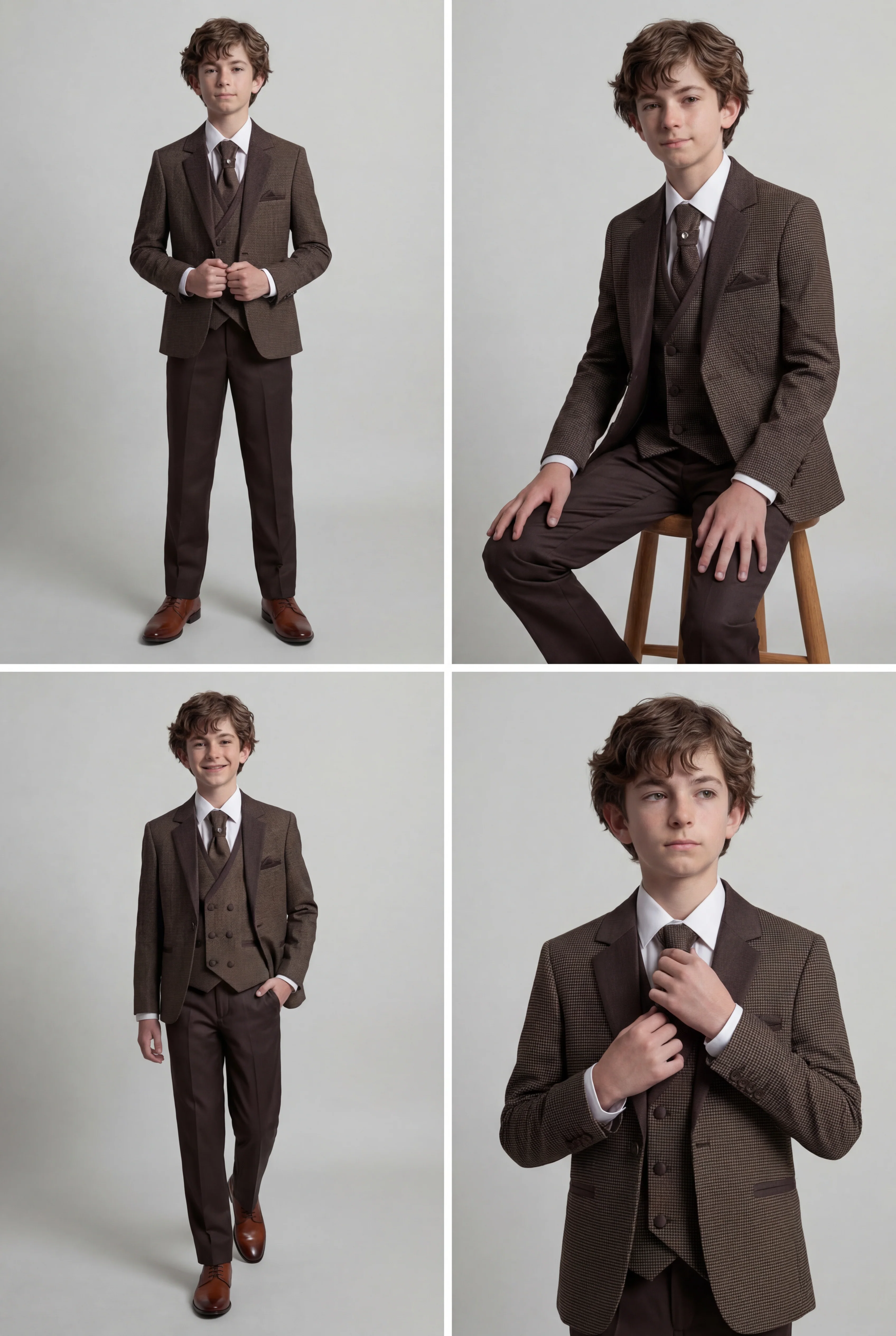 Boys 5-Piece Textured Microcheck Suit - Brown - Image 4