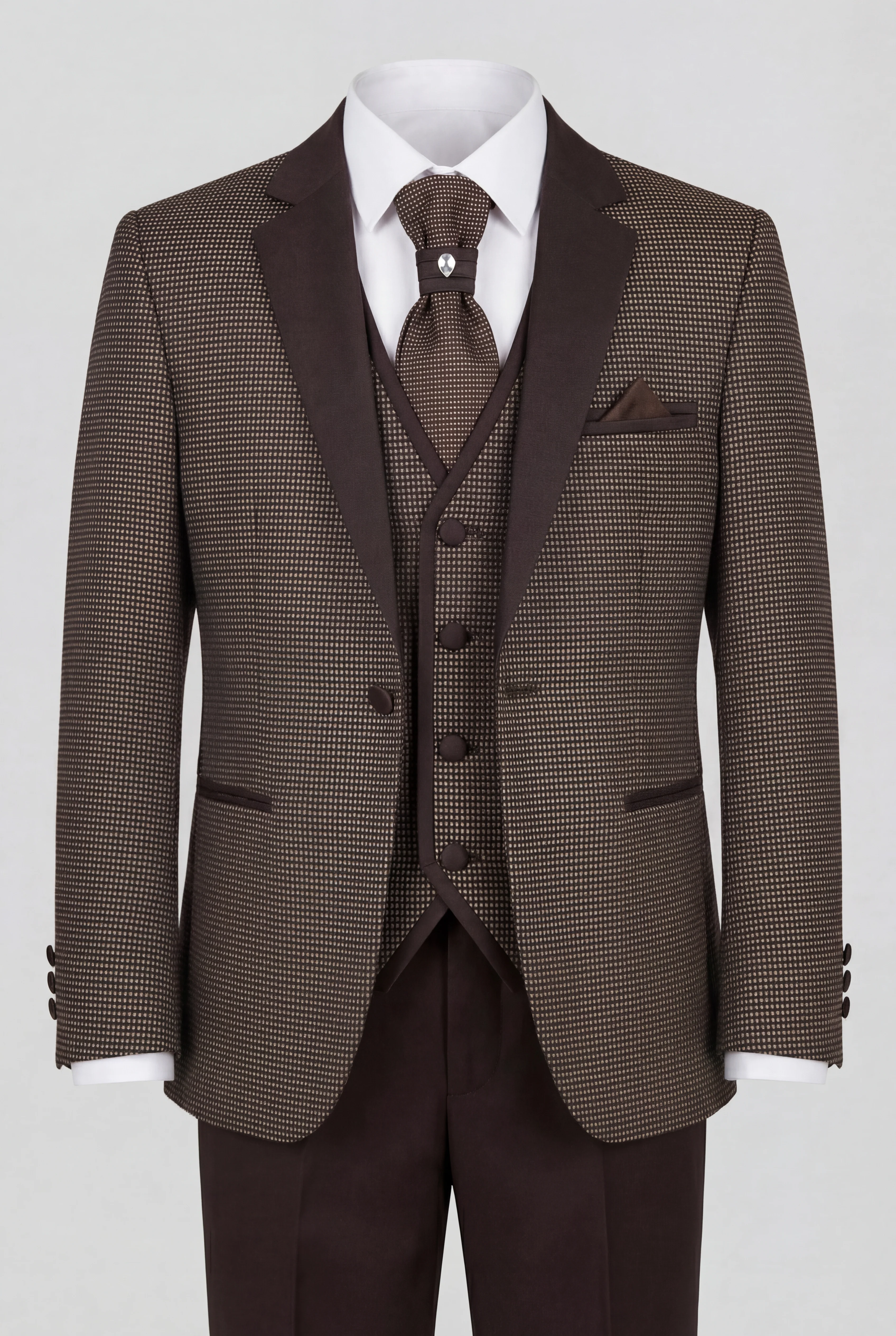 Boys 5-Piece Textured Microcheck Suit - Brown - Image 5