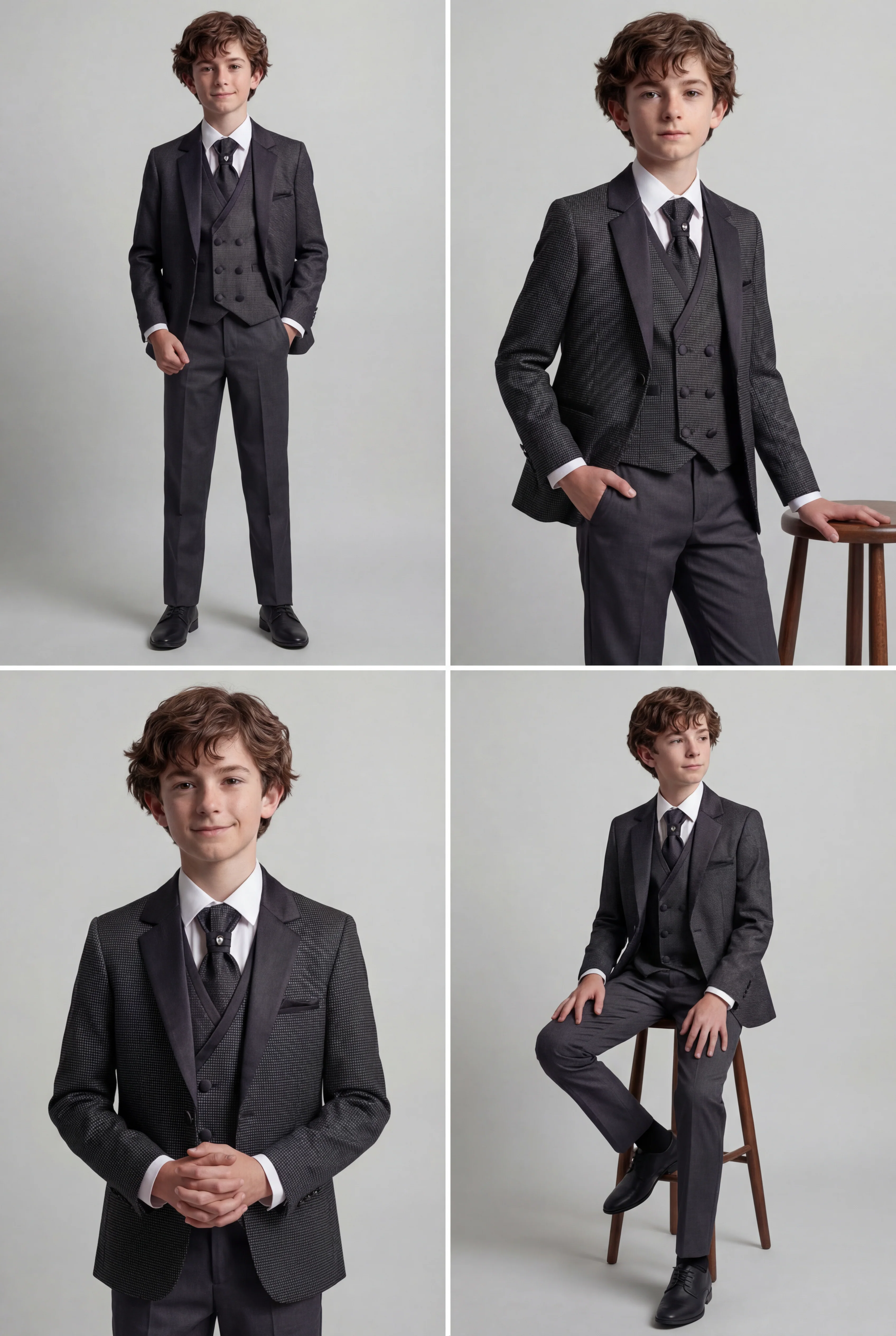 Boys 5-Piece Textured Microcheck Suit - Grey - Image 4