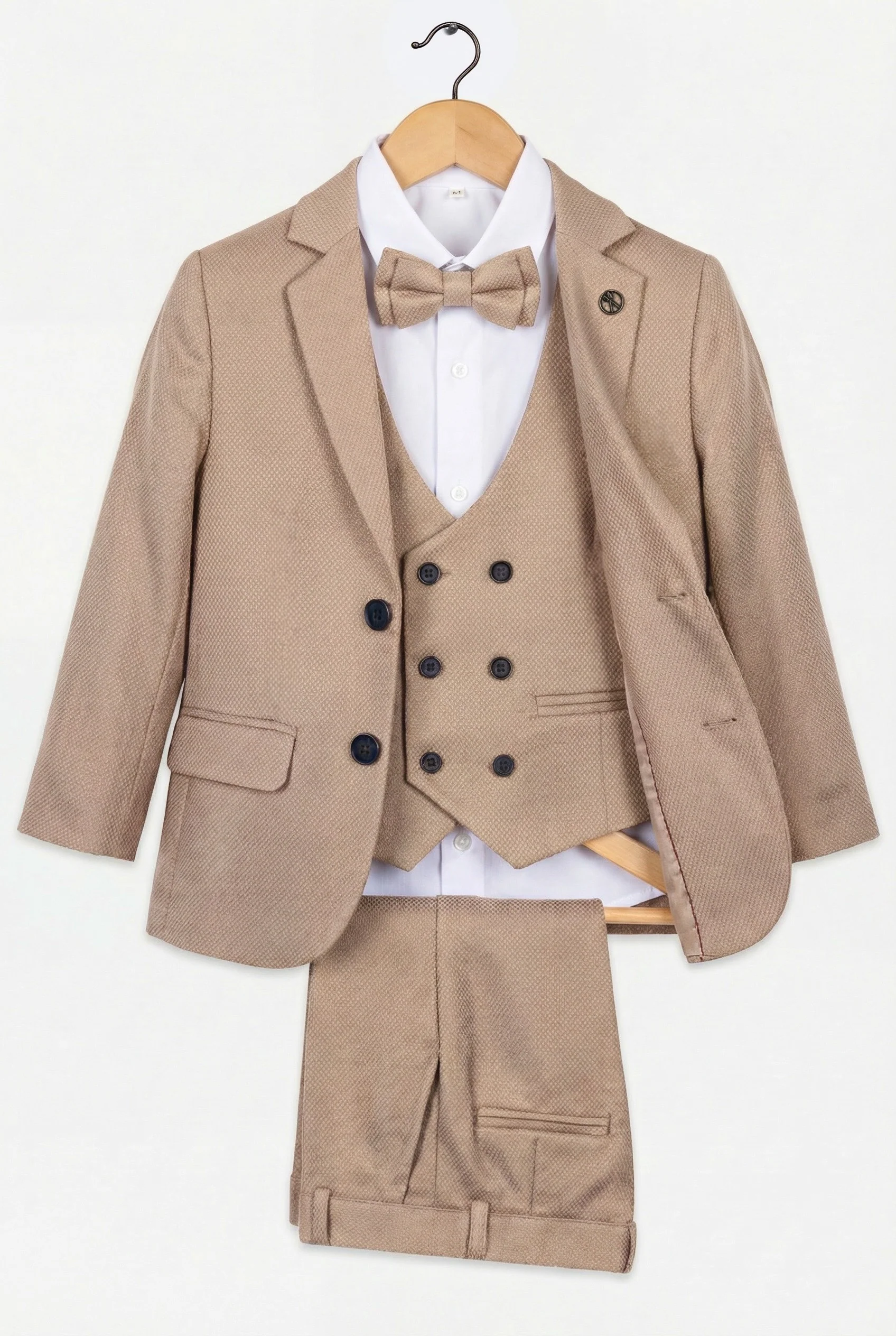 Boys 5-Piece Textured Weave Suit with Double Breasted Waistcoat - Cinnamon - Image 4