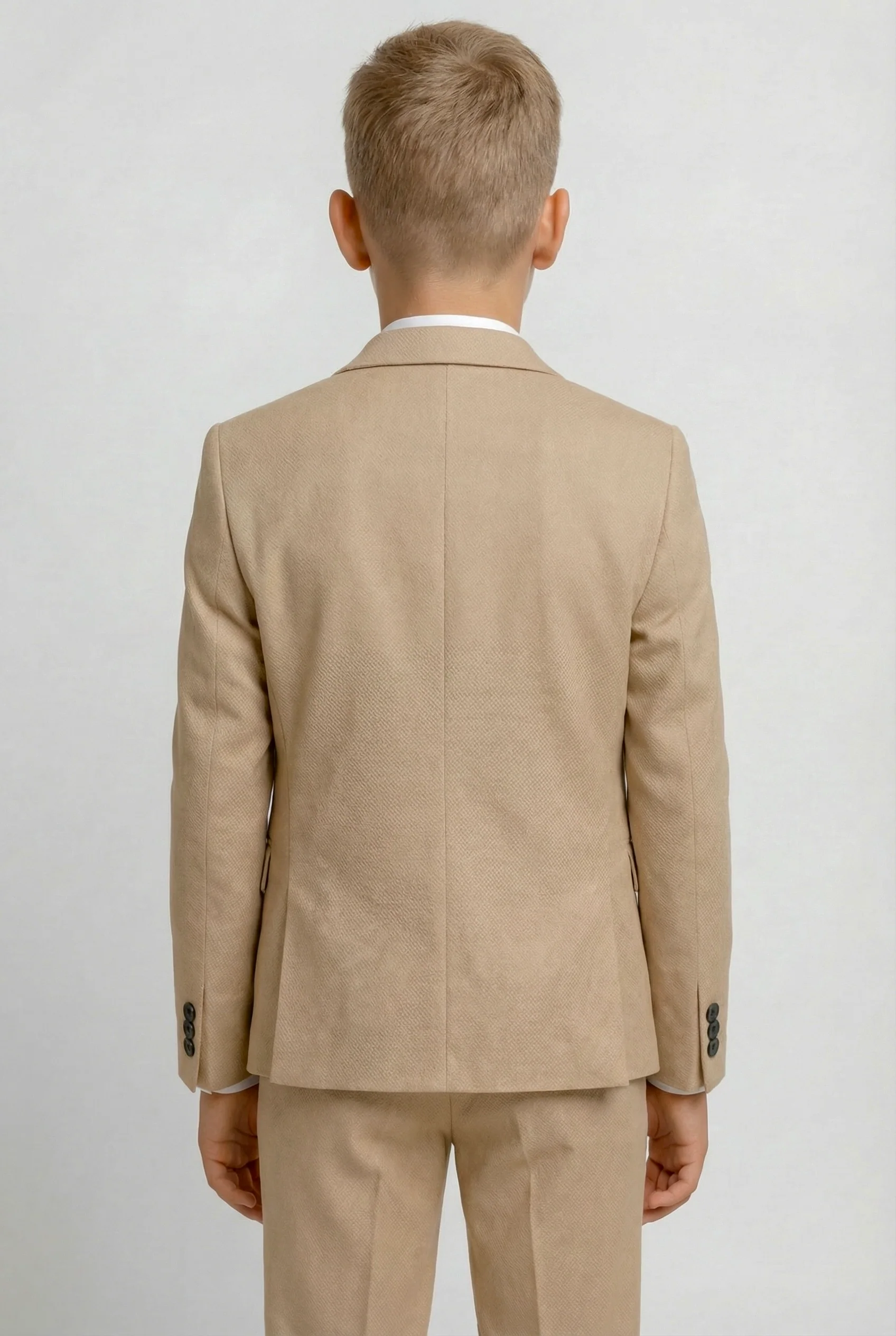 Boys 5-Piece Textured Weave Suit with Double Breasted Waistcoat - Tan Brown - Image 2
