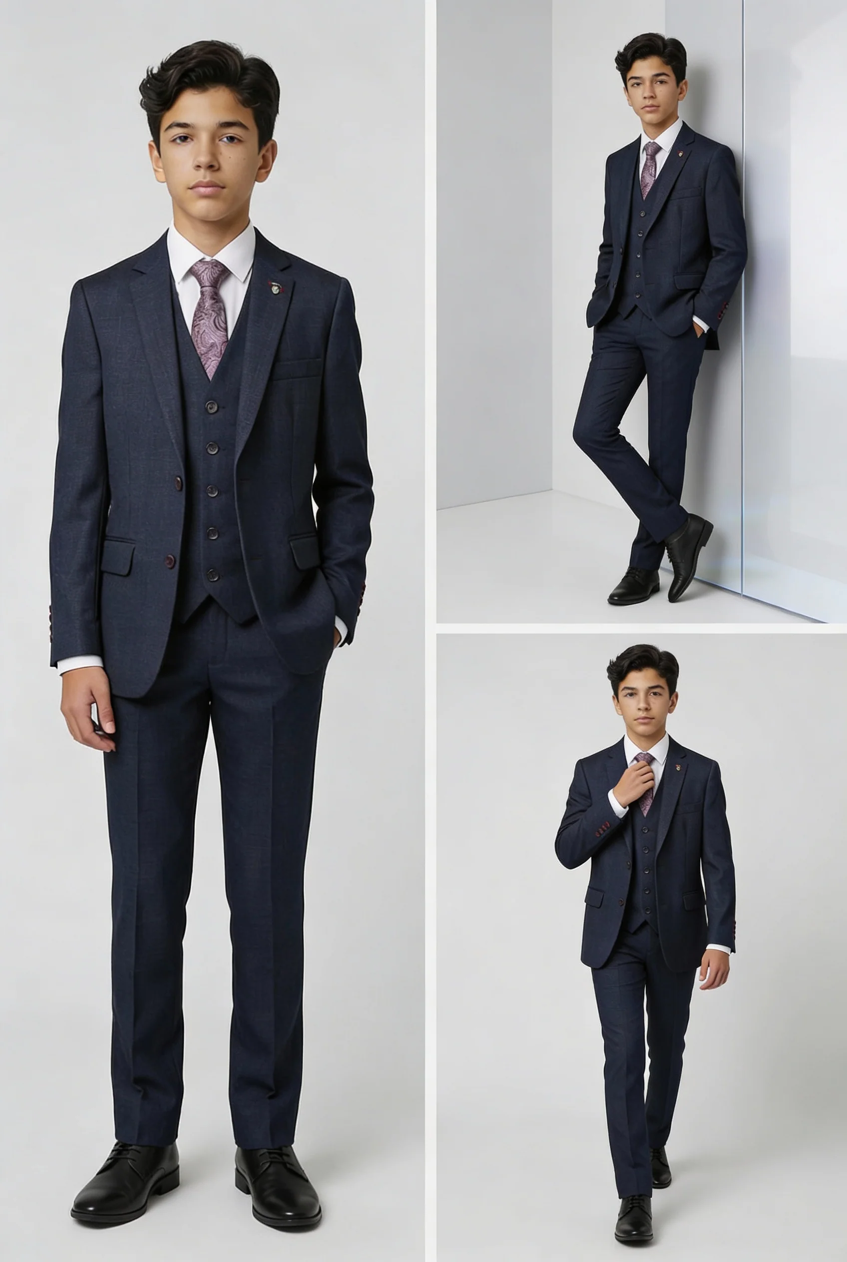 Boys 5-Piece Textured Weave Tailored Fit Suit - LORENZO - Navy Blue - Image 5