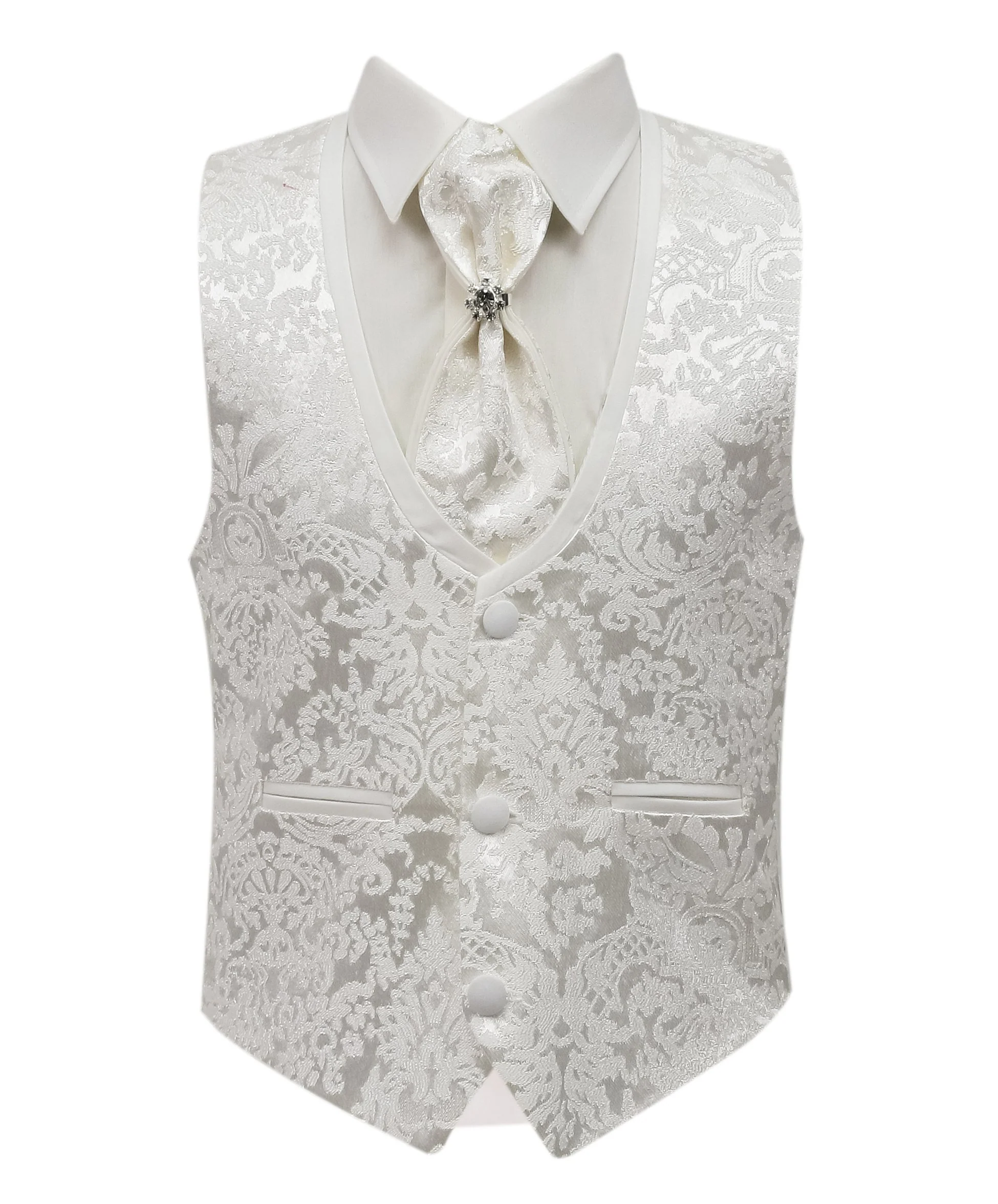 Boys 5-Piece Floral Jacquard Tuxedo Suit with Double Breasted Waistcoat - Ivory - Image 11