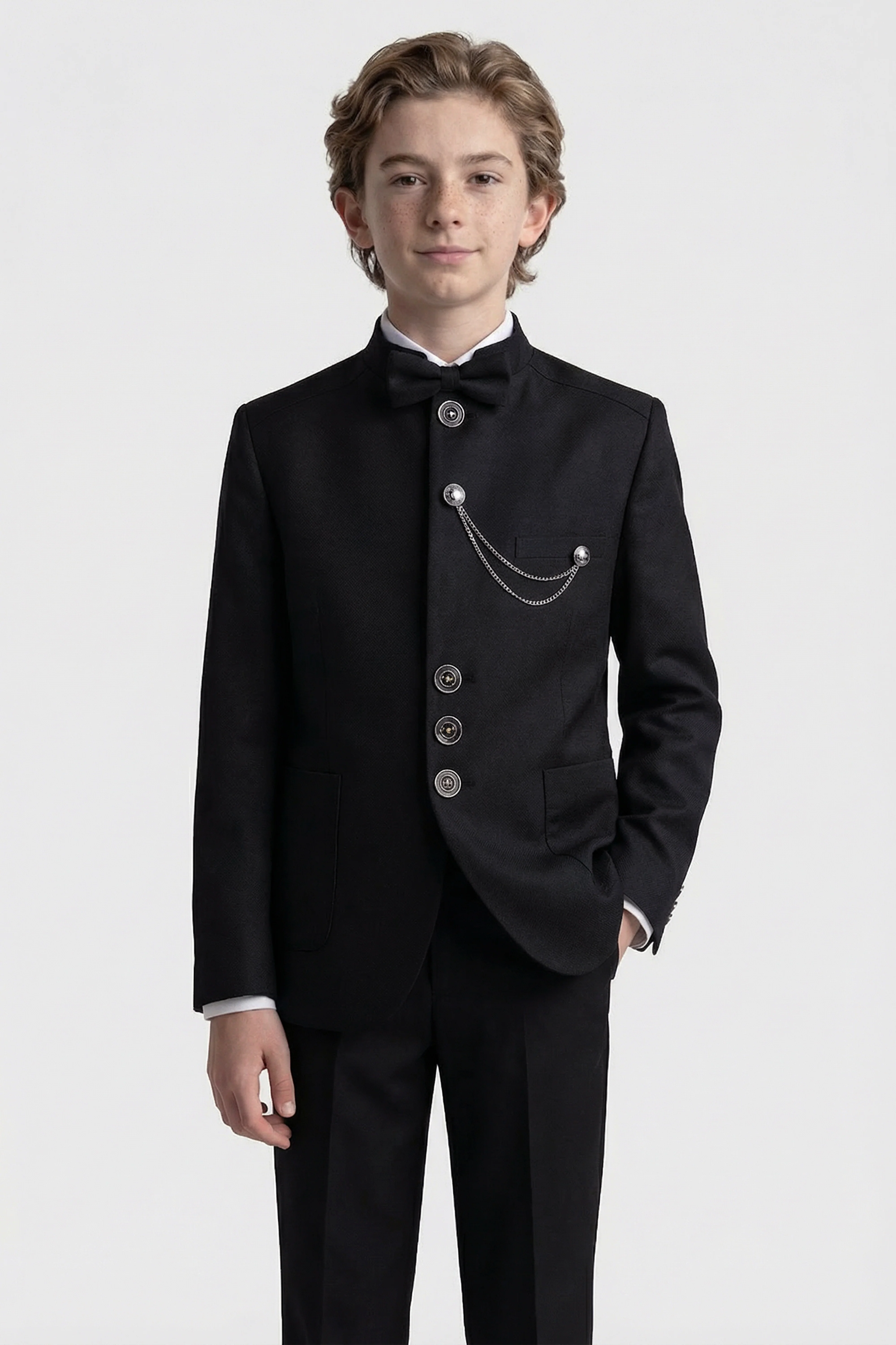 Boys’ 6-Piece Formal Ottoman Suit with Mandarin Collar  - Black - Image 2