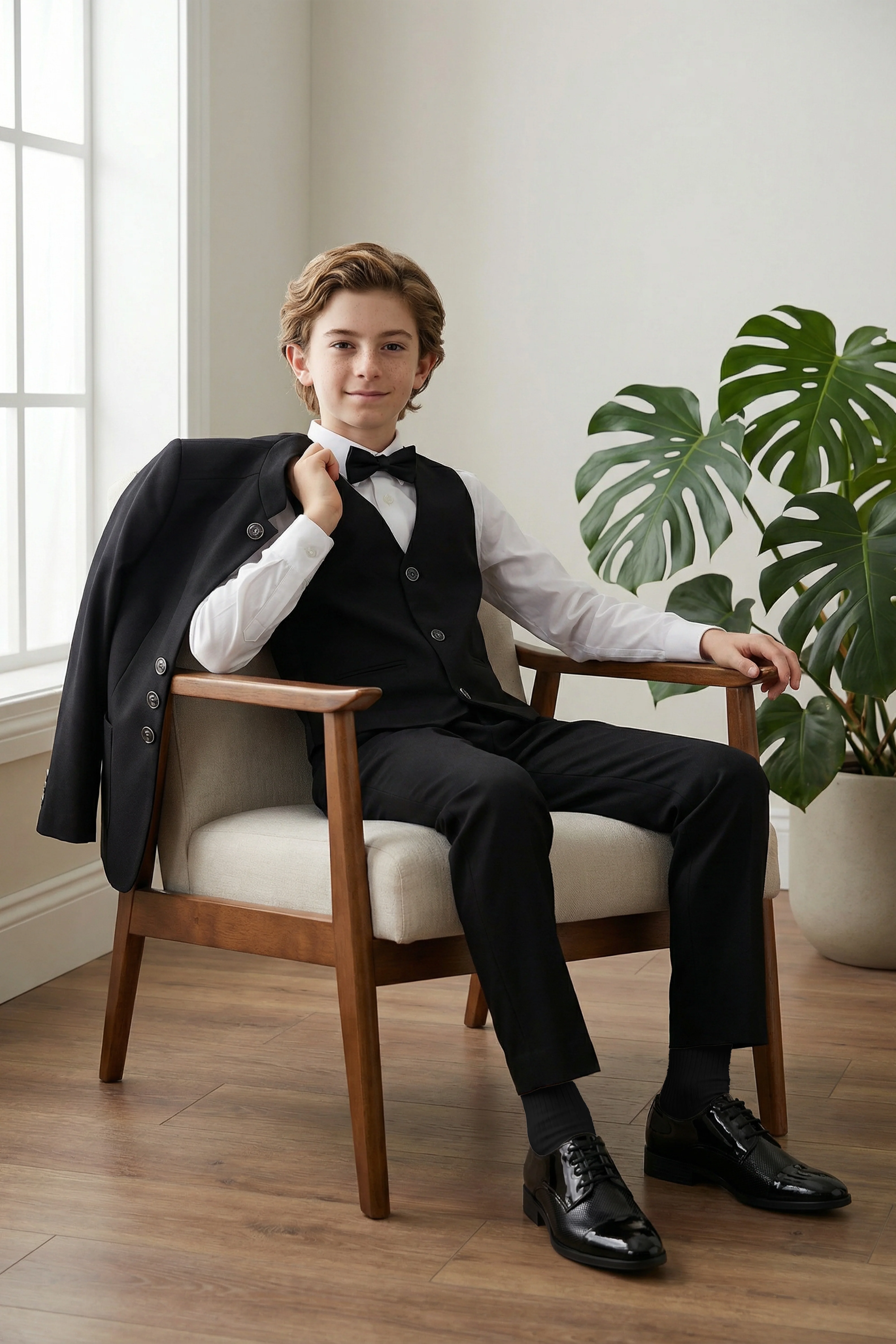 Boys’ 6-Piece Formal Ottoman Suit with Mandarin Collar  - Black - Image 6