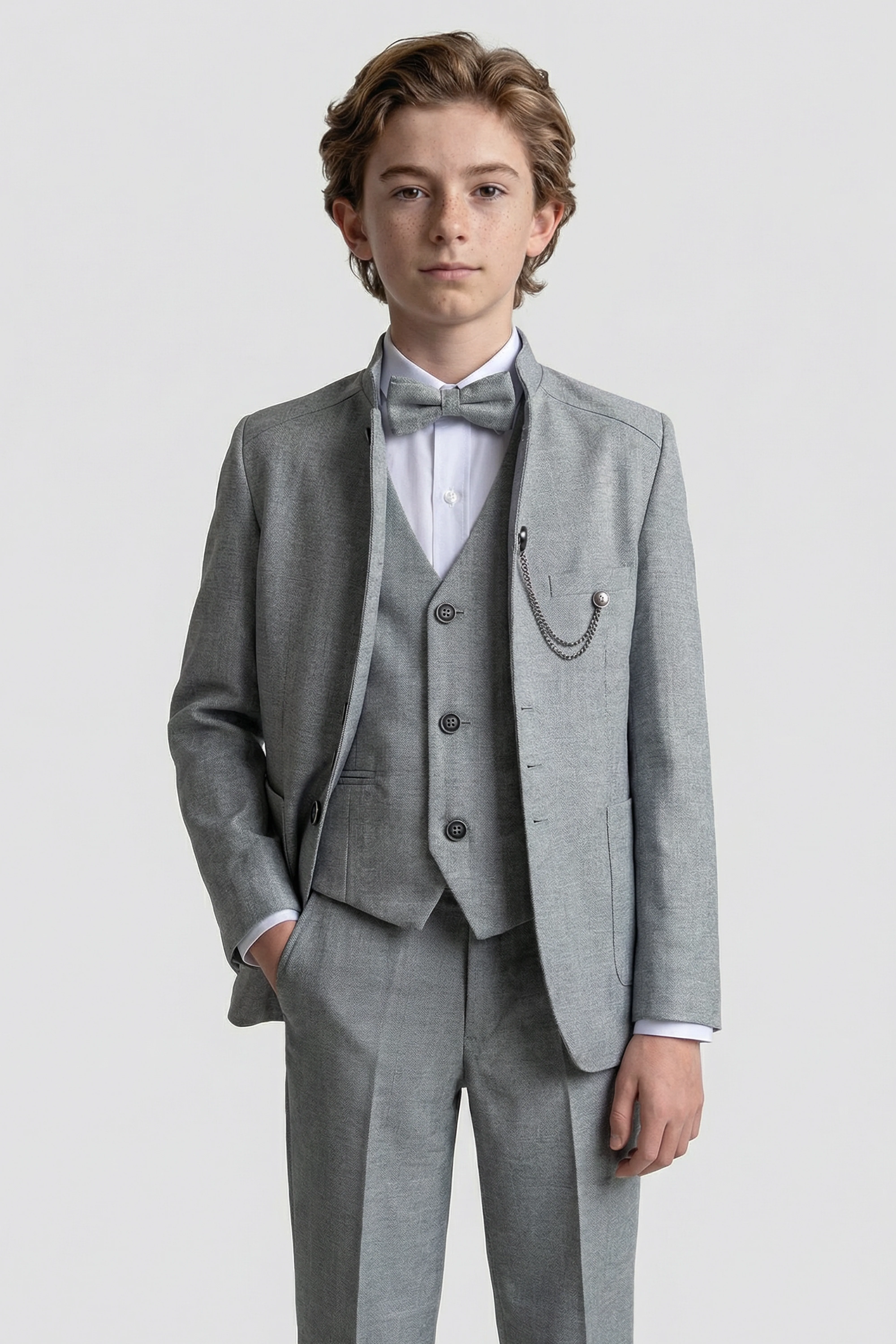 Boys’ 6-Piece Formal Ottoman Suit with Mandarin Collar  - Grey