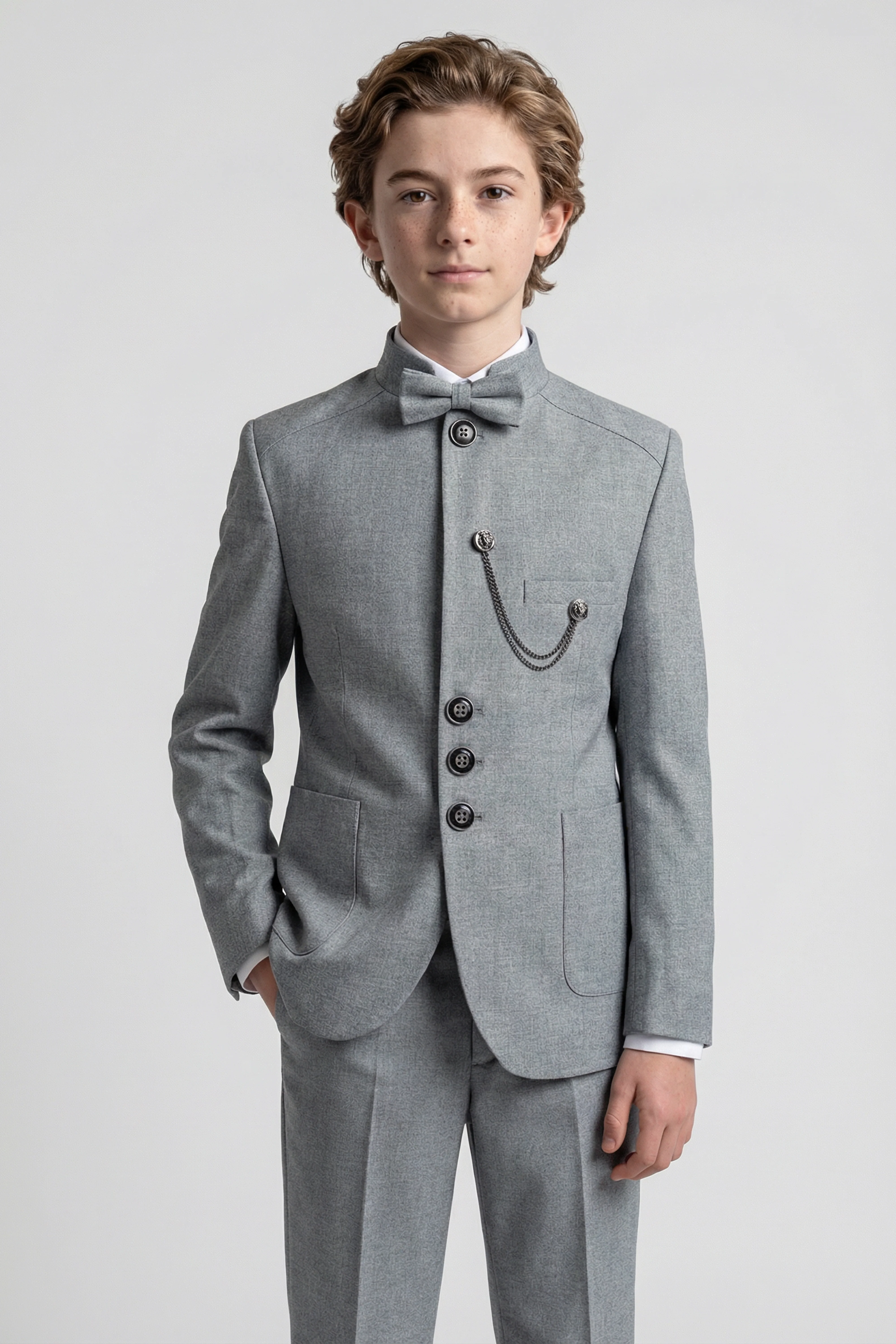Boys’ 6-Piece Formal Ottoman Suit with Mandarin Collar  - Grey - Image 2