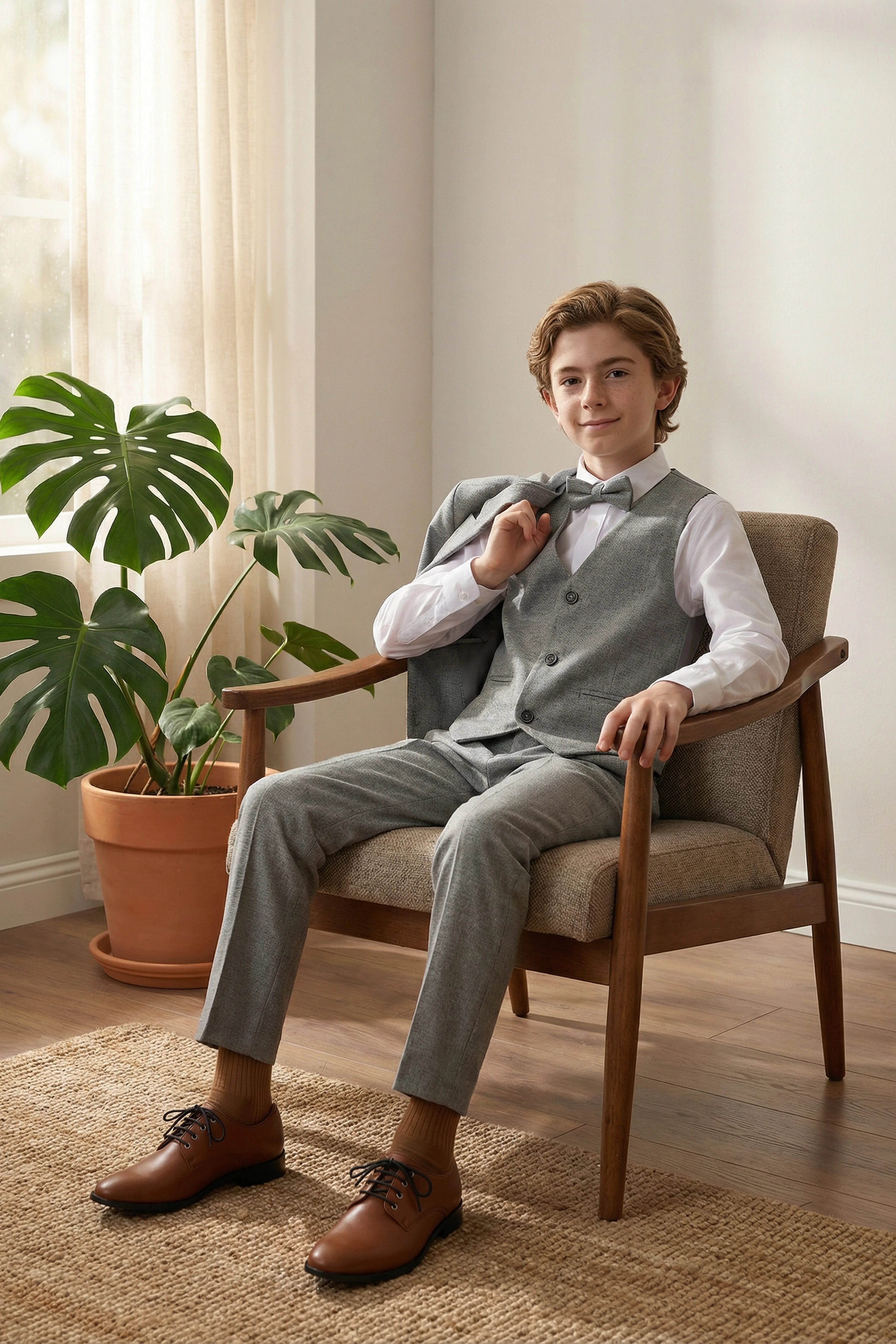 Boys’ 6-Piece Formal Ottoman Suit with Mandarin Collar  - Grey - Image 6