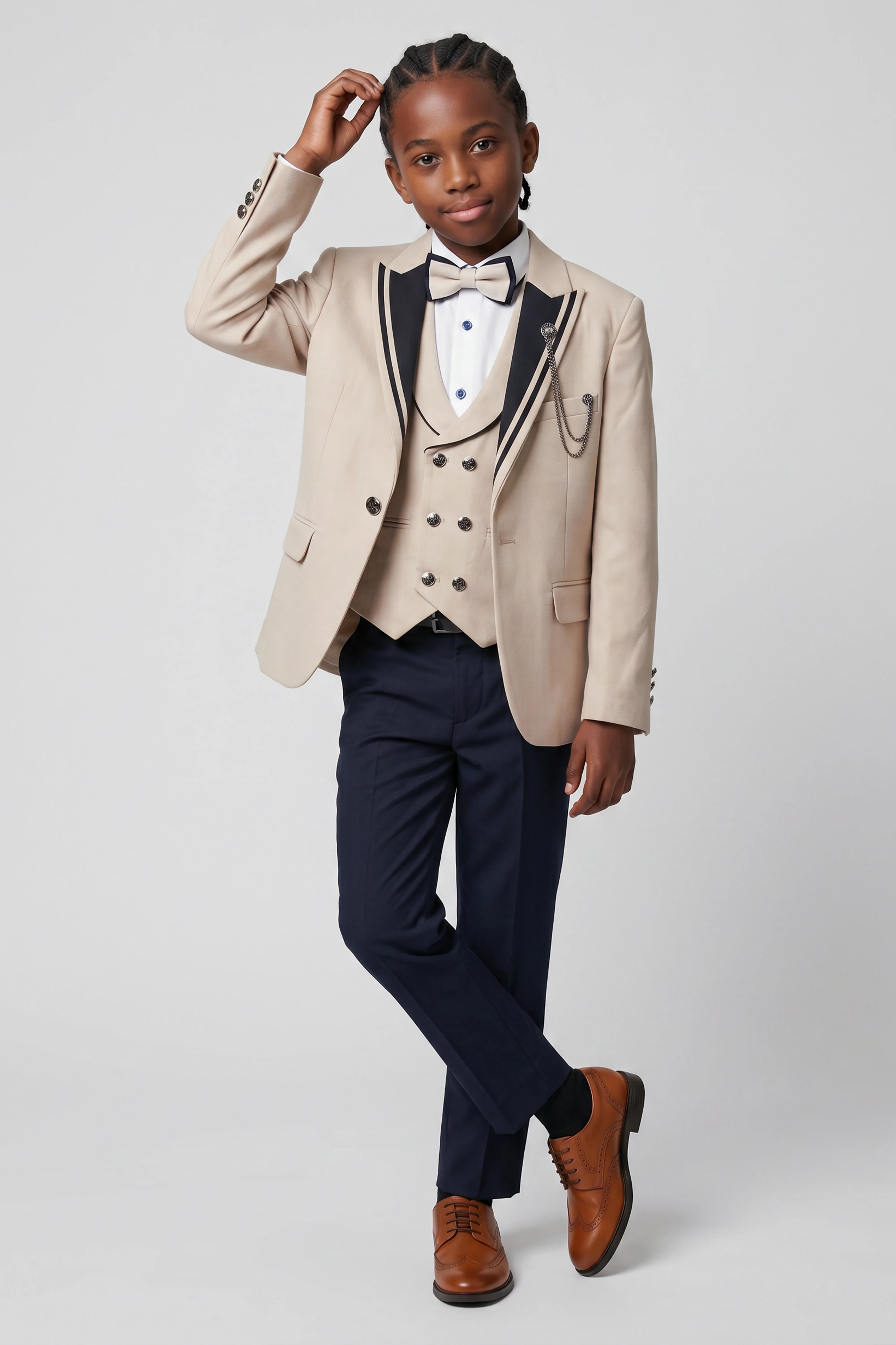 Boys 6-Piece Tuxedo Dinner Suit with Double Breasted Waistcoat - DAMATLIK W - Camel Beige - Image 2