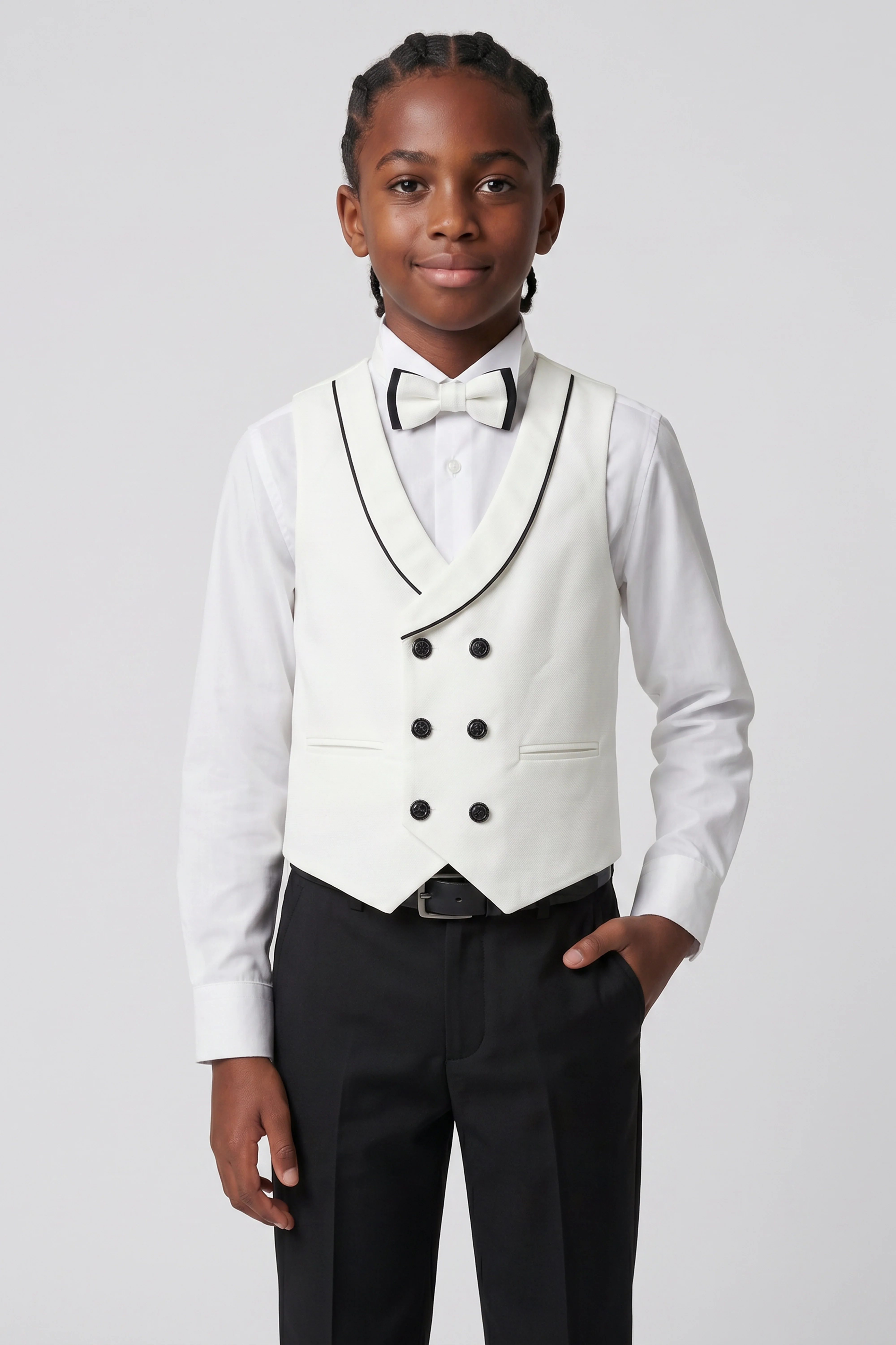 Boys 6-Piece Tuxedo Dinner Suit with Double Breasted Waistcoat - DAMATLIK W - Ivory - Image 3
